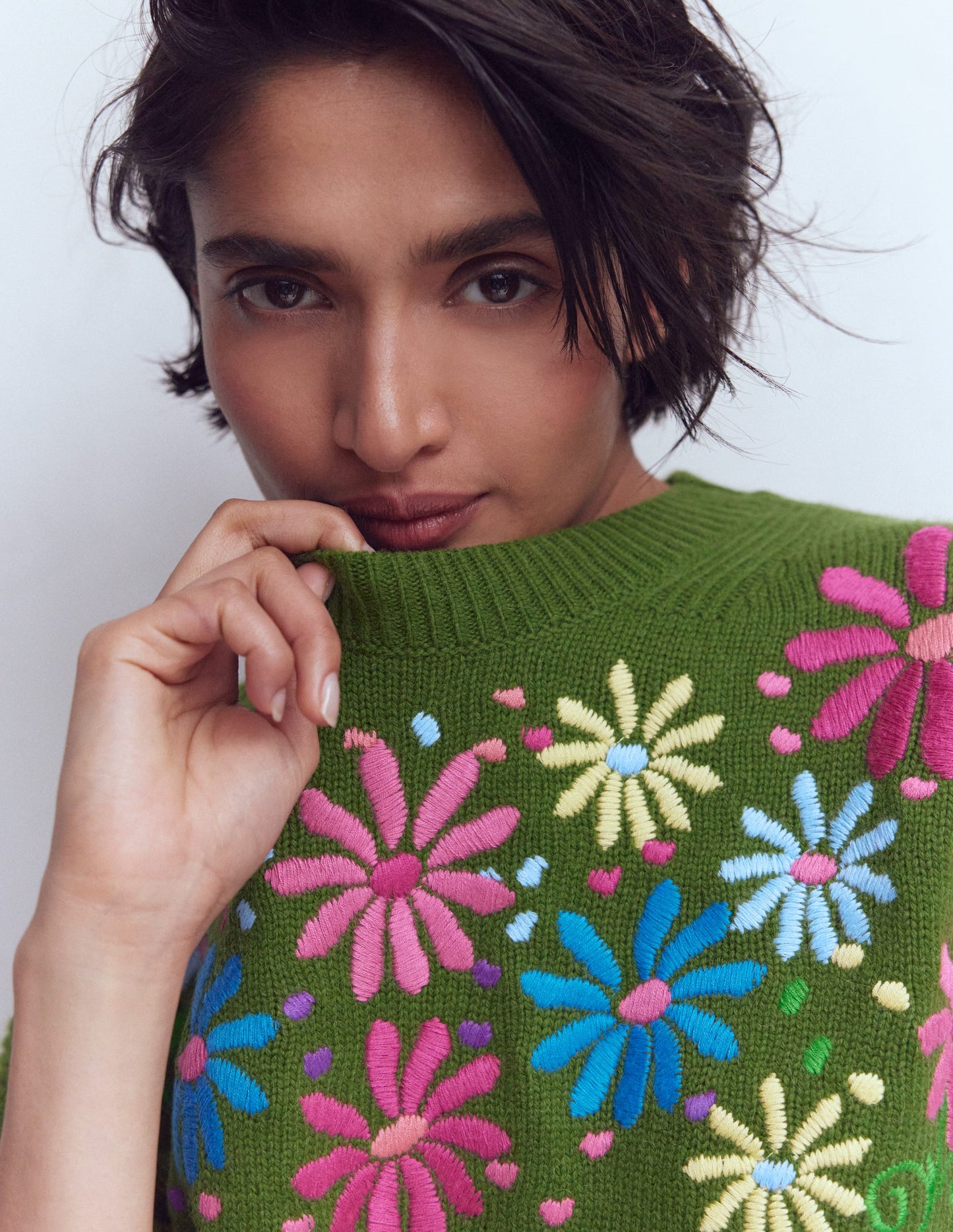 Isa Embroidered Jumper-Herb Garden, Green Flowers