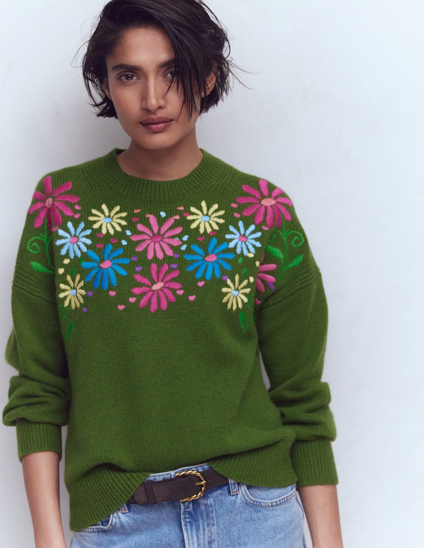 Isa Embroidered Jumper-Herb Garden, Green Flowers
