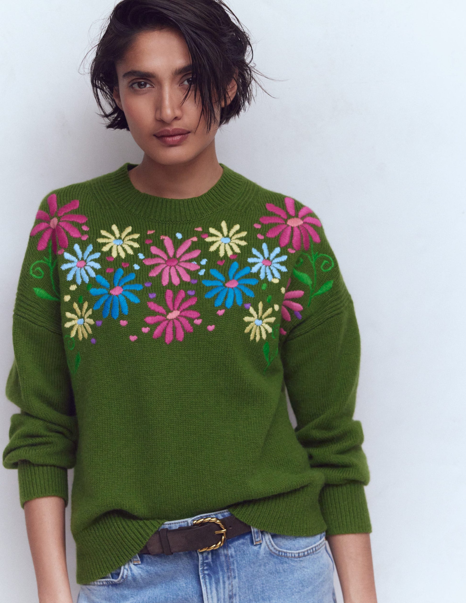 Isa Embroidered Jumper-Herb Garden, Green Flowers-5