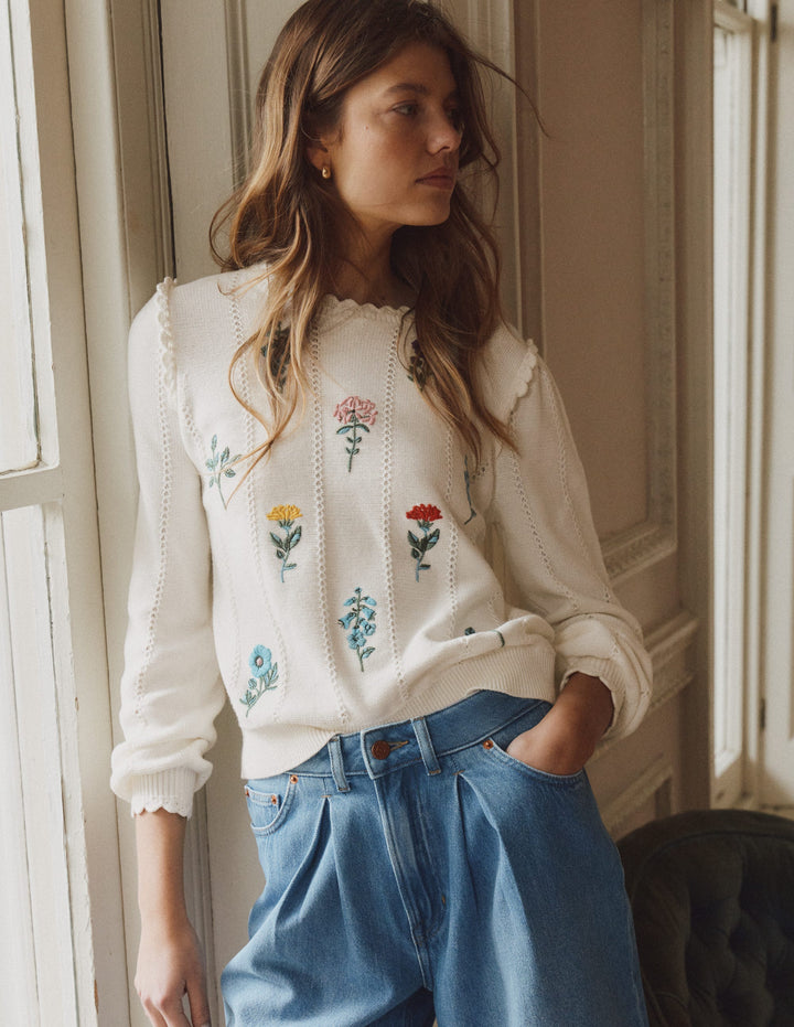 Valeria Crochet Trim Jumper-Warm Ivory , Embroidery