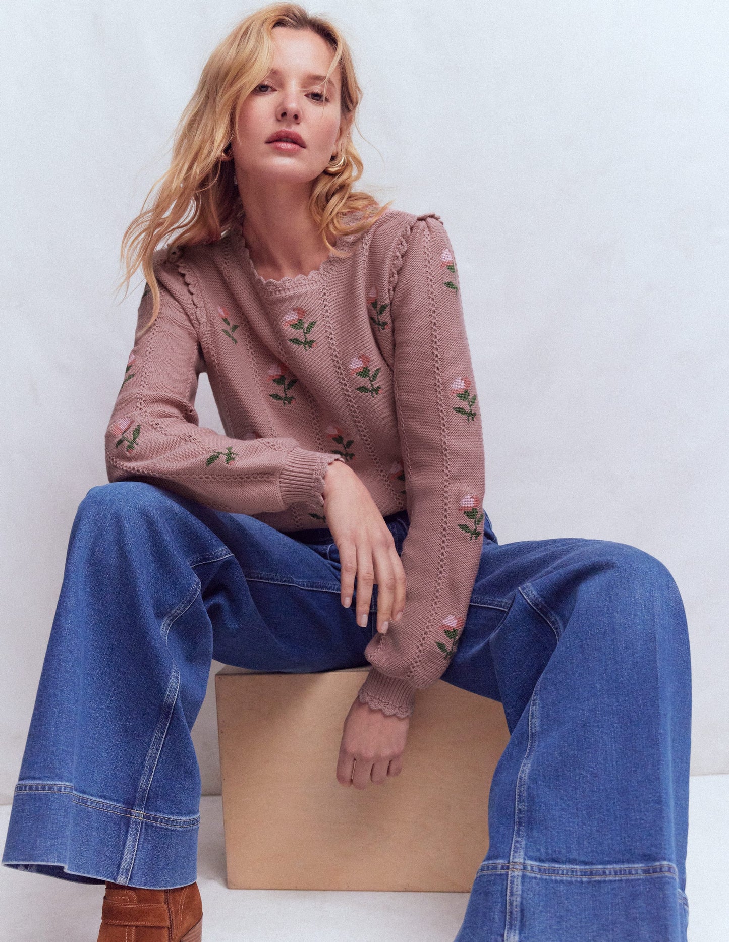 Valeria Crochet Trim Jumper-Rose Pink, Embroidery