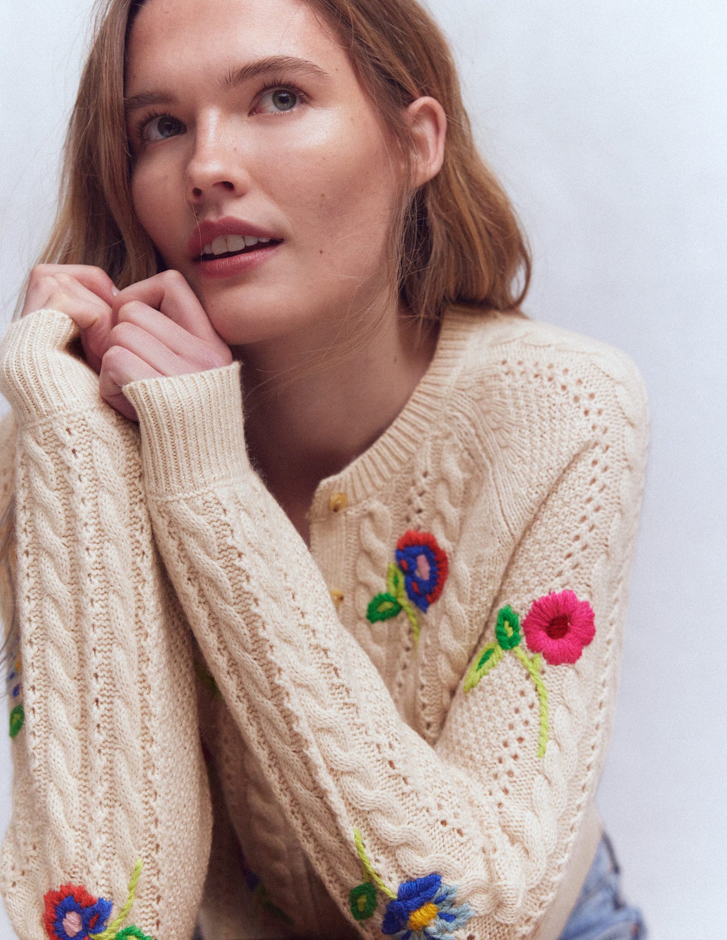 Liv Embroidered Cable Cardigan-Oatmeal Melange