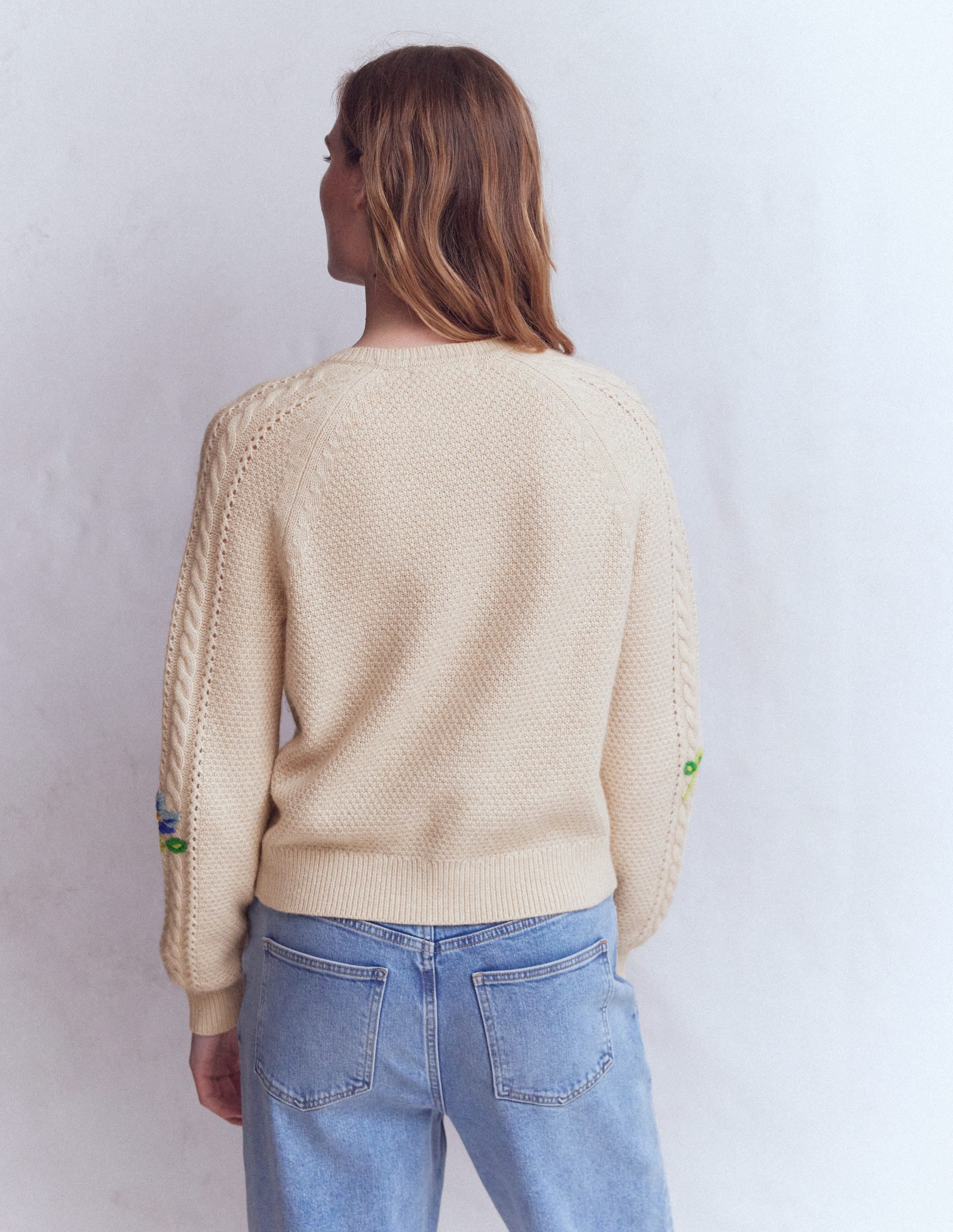 Liv Embroidered Cable Cardigan-Oatmeal Melange - Image 3