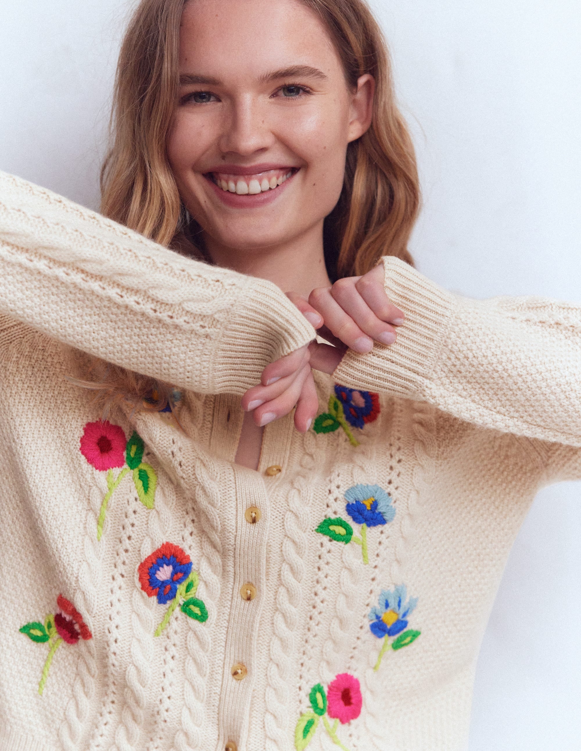 Liv Embroidered Cable Cardigan-Oatmeal Melange - Image 4