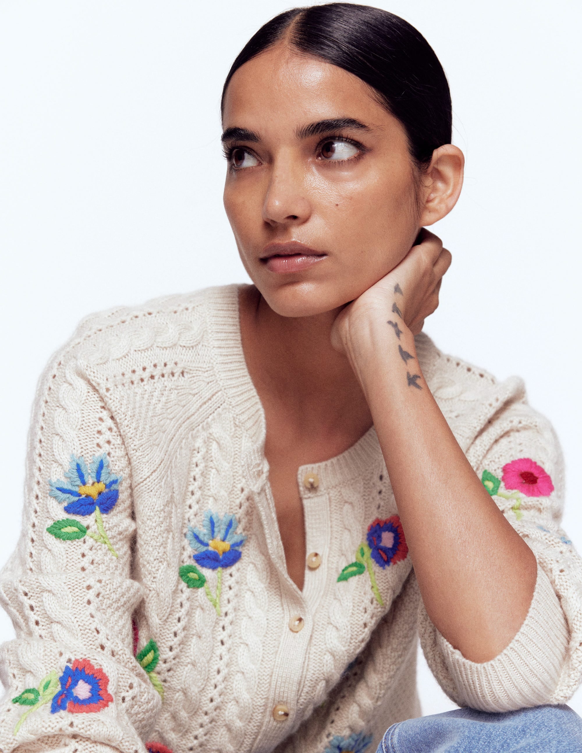 Liv Embroidered Cable Cardigan-Oatmeal Melange - Image 5