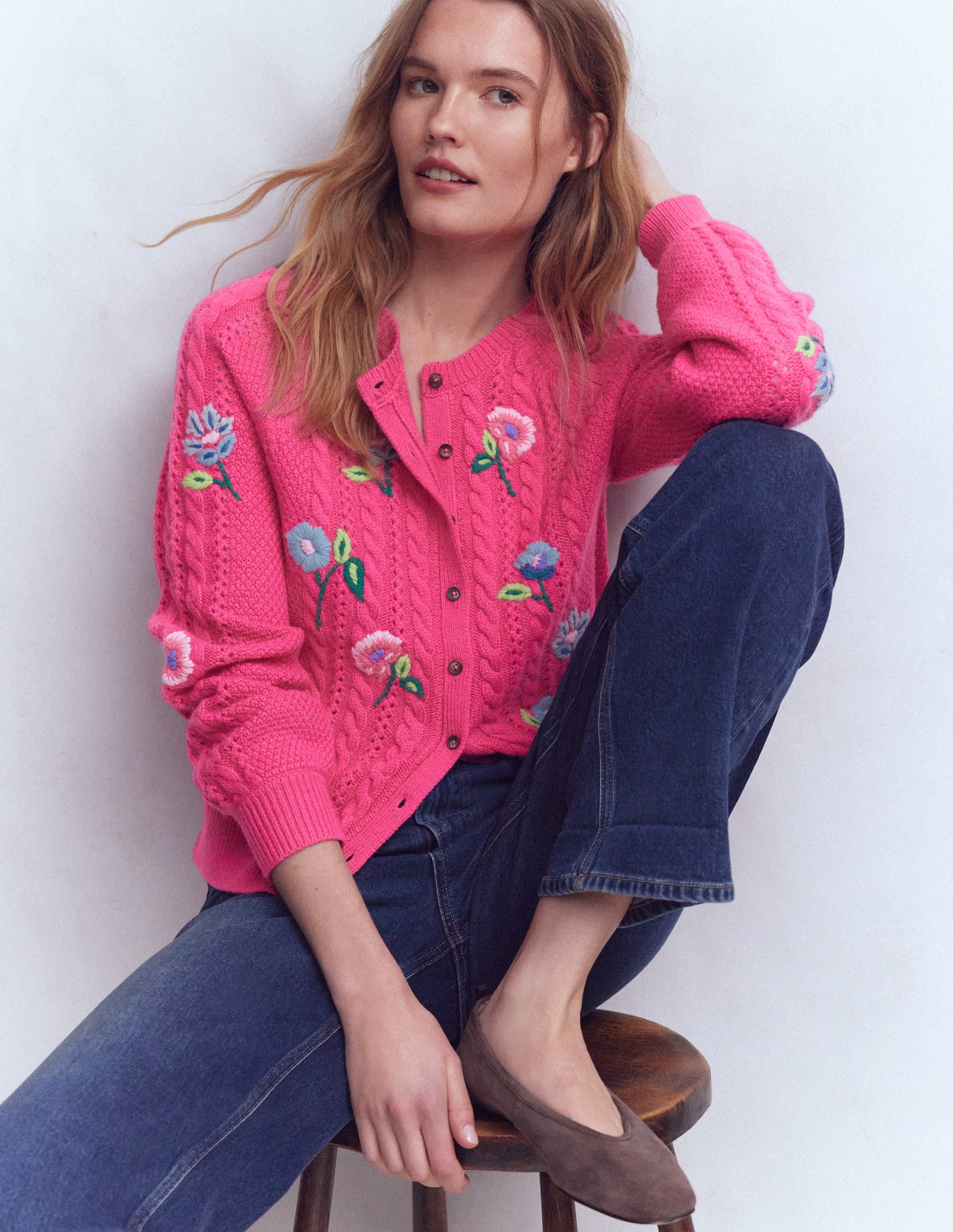 Liv Embroidered Cable Cardigan-Pink Peony - Image 1