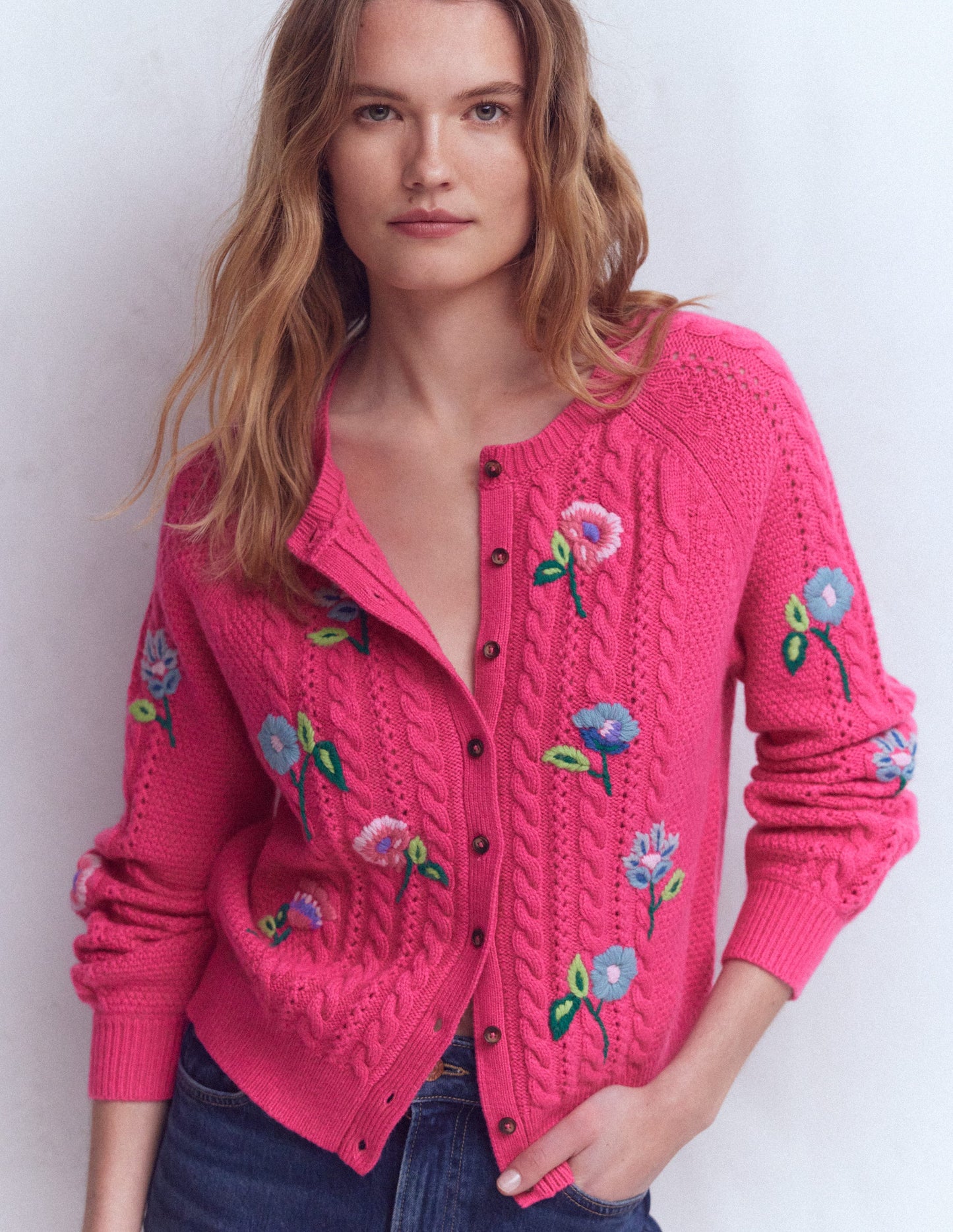 Liv Embroidered Cable Cardigan-Pink Peony