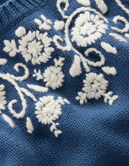 Davina Puff Sleeve Jumper-Denim Blue Embroidery-8