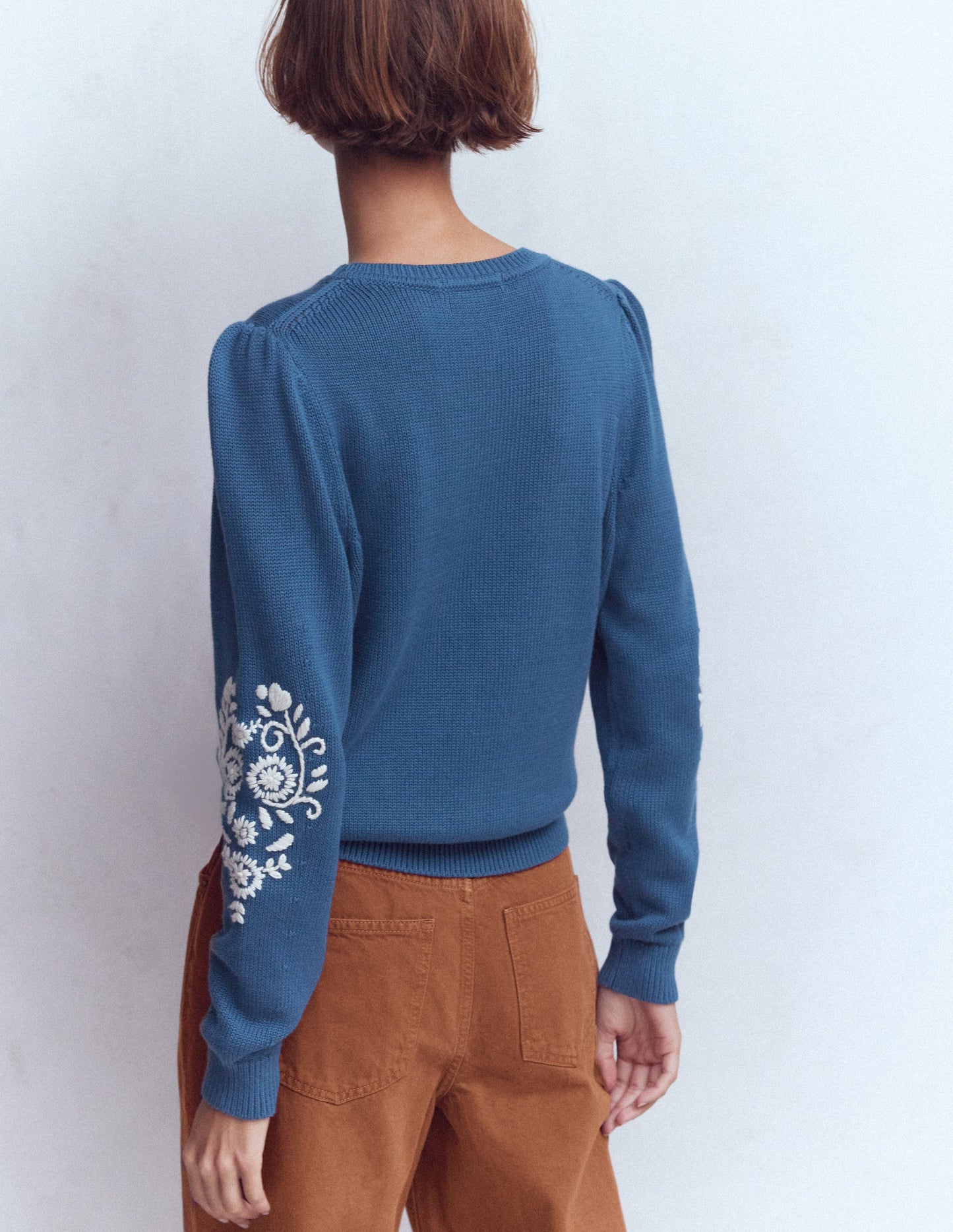 Davina Puff Sleeve Jumper-Denim Blue Embroidery