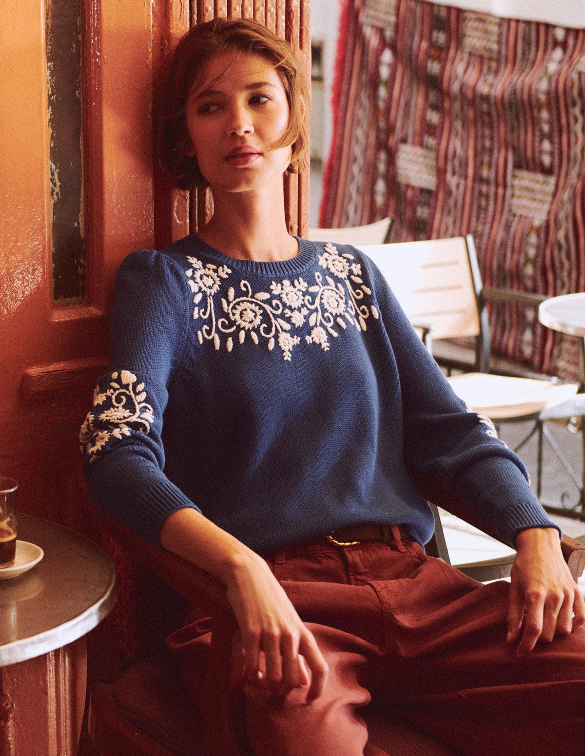Davina Puff Sleeve Jumper-Denim Blue Embroidery - Image 6