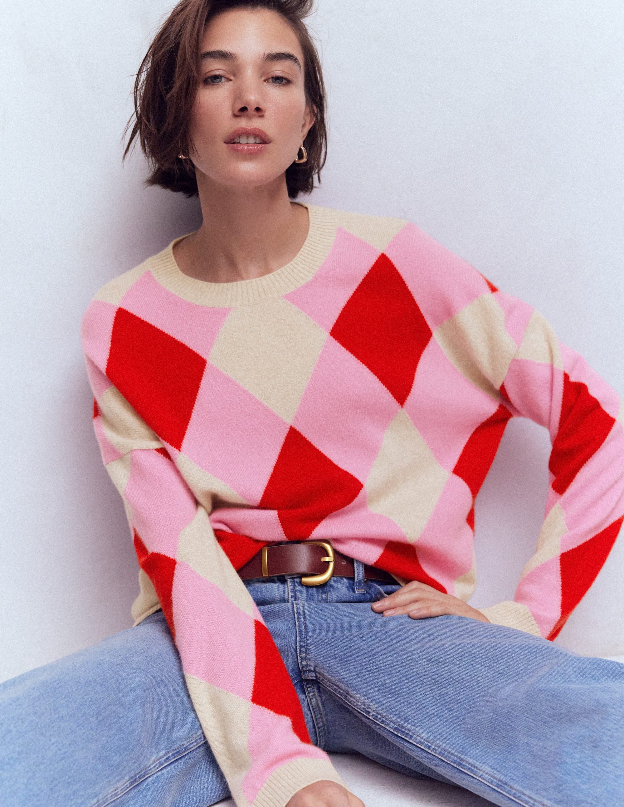 Anastasia Cashmere Jumper-Red and Pink Argyle - Image 1