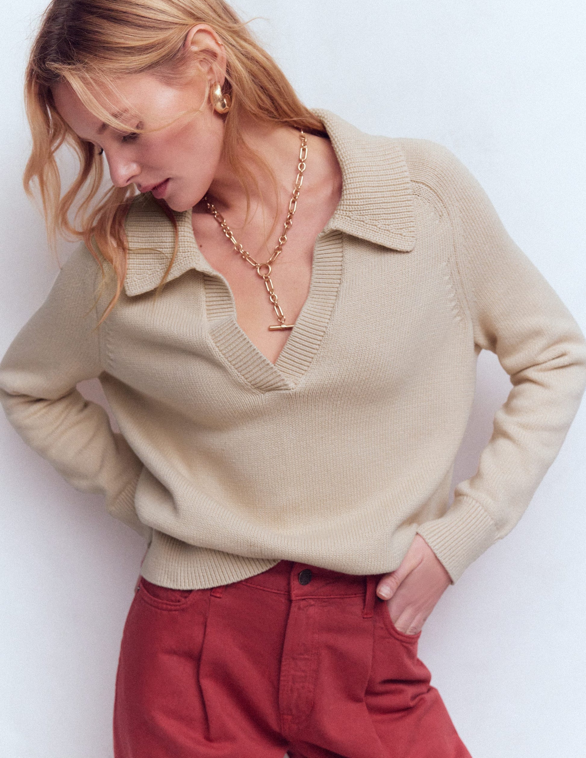 Cotton Henley Jumper-Almond Peach-1