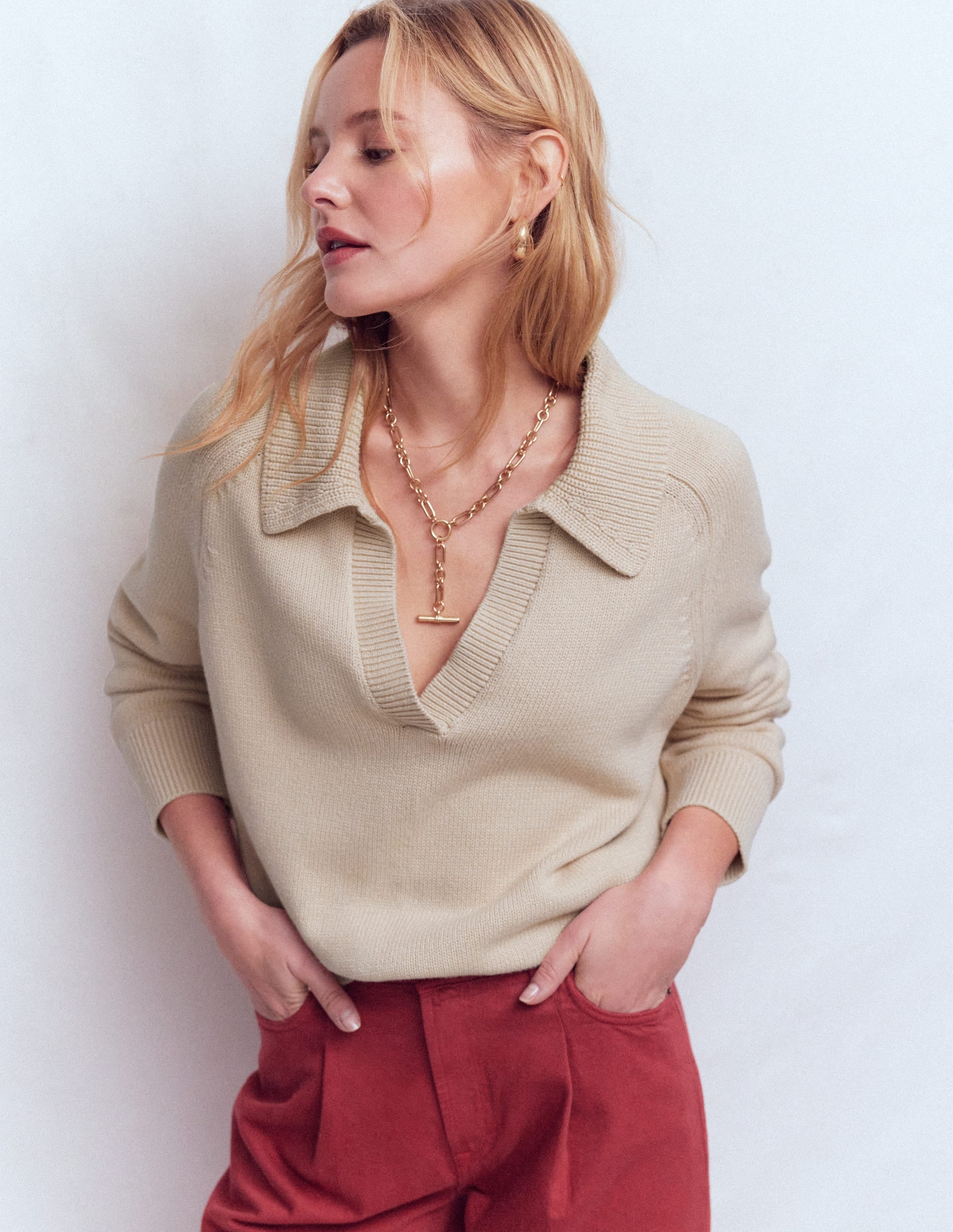 Cotton Henley Jumper-Almond Peach - Image 5