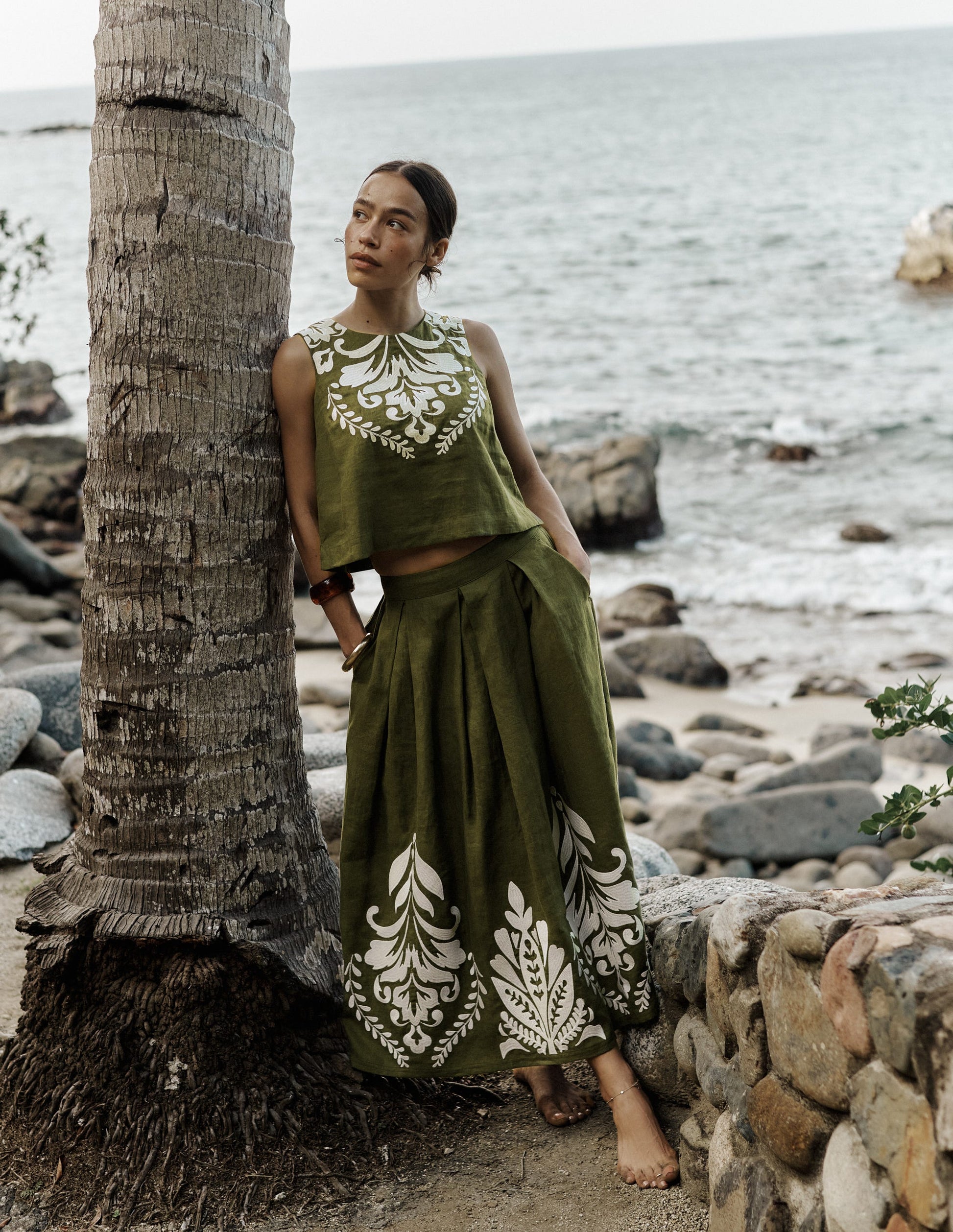 Verity Linen Midi Skirt-Woodland Green Embroidery-1