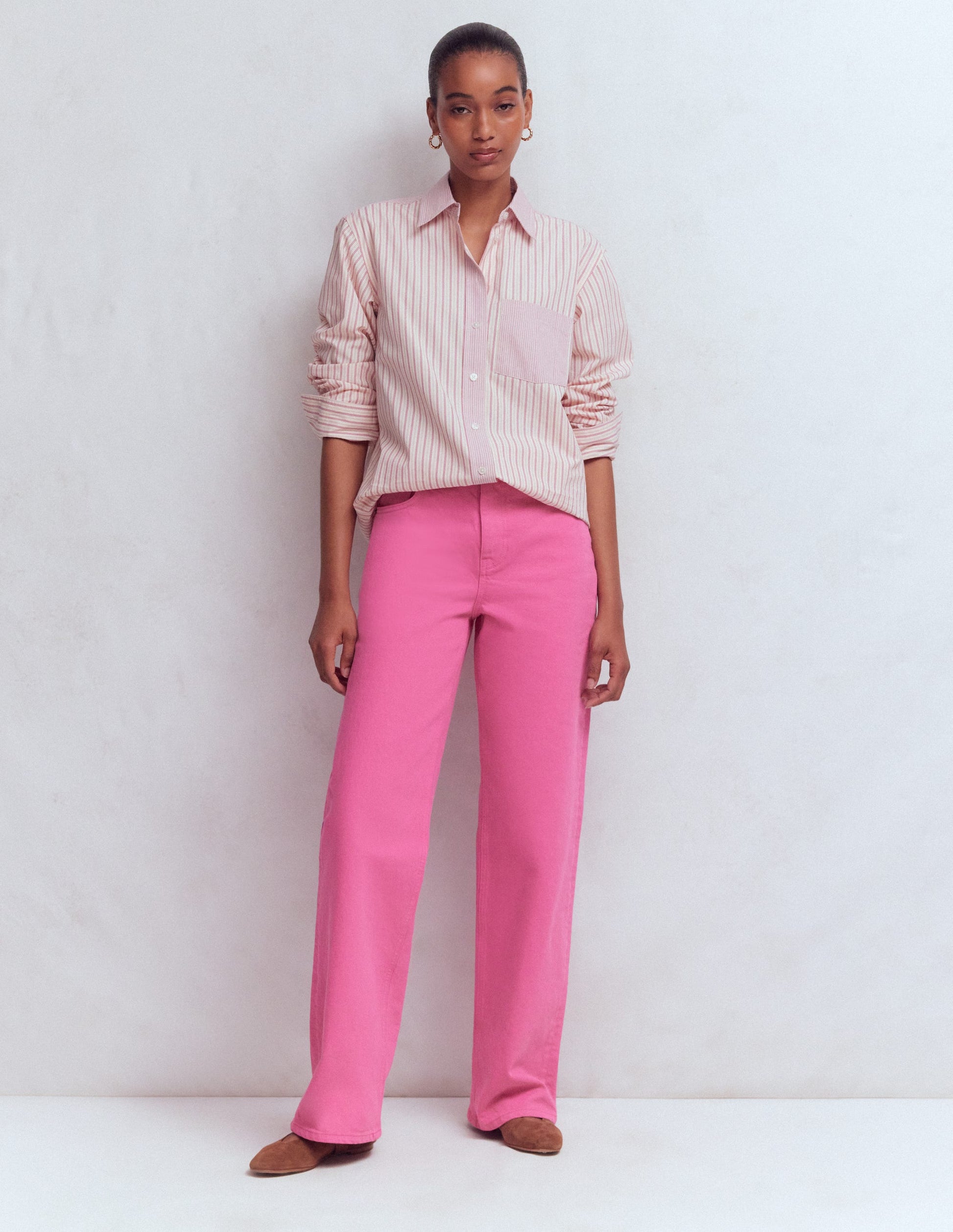 High Rise Column Leg Jeans-Bright Pink-1