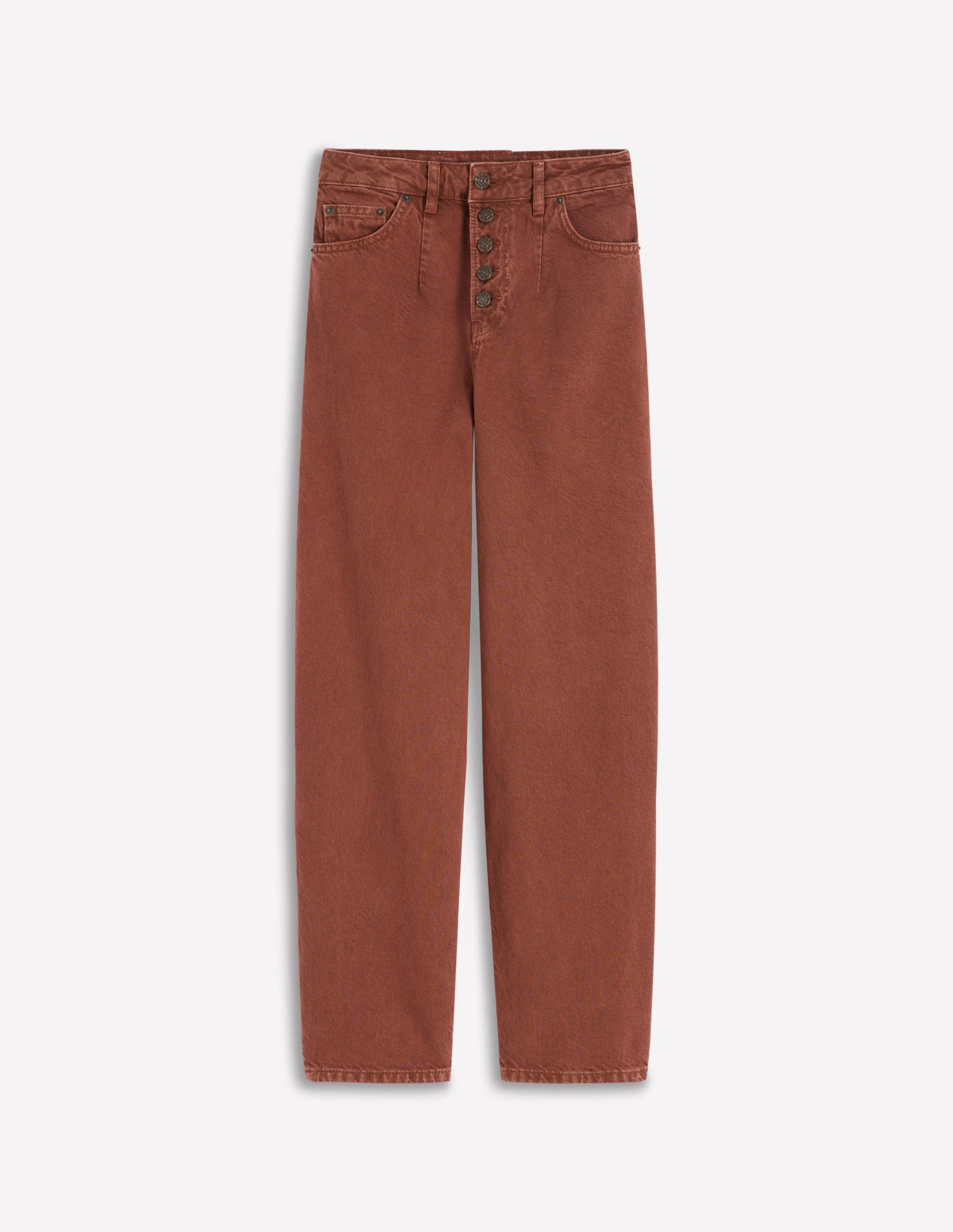 Exposed Button Straight Jeans-Brown-7