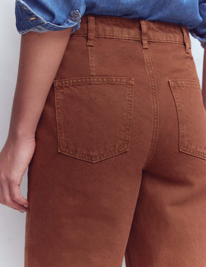 Exposed Button Straight Jeans-Brown-3