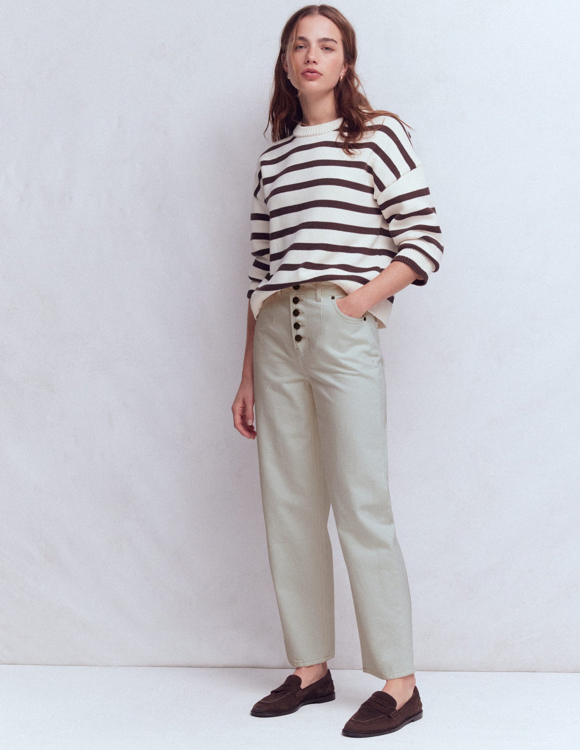 Exposed Button Straight Jeans-Ecru-1