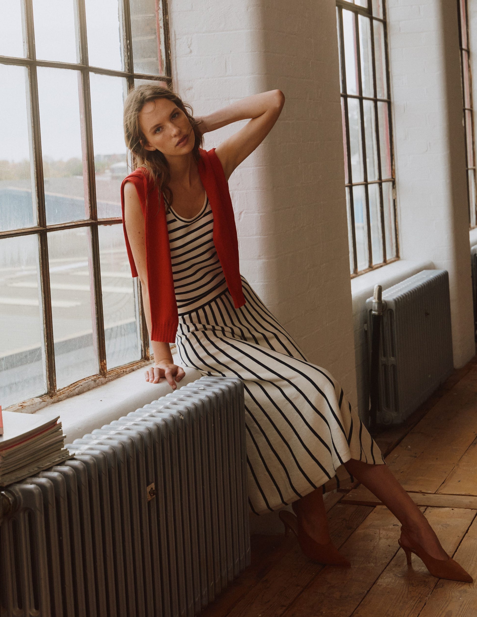 Liz Knitted Midi Skirt-Ivory, Navy-1