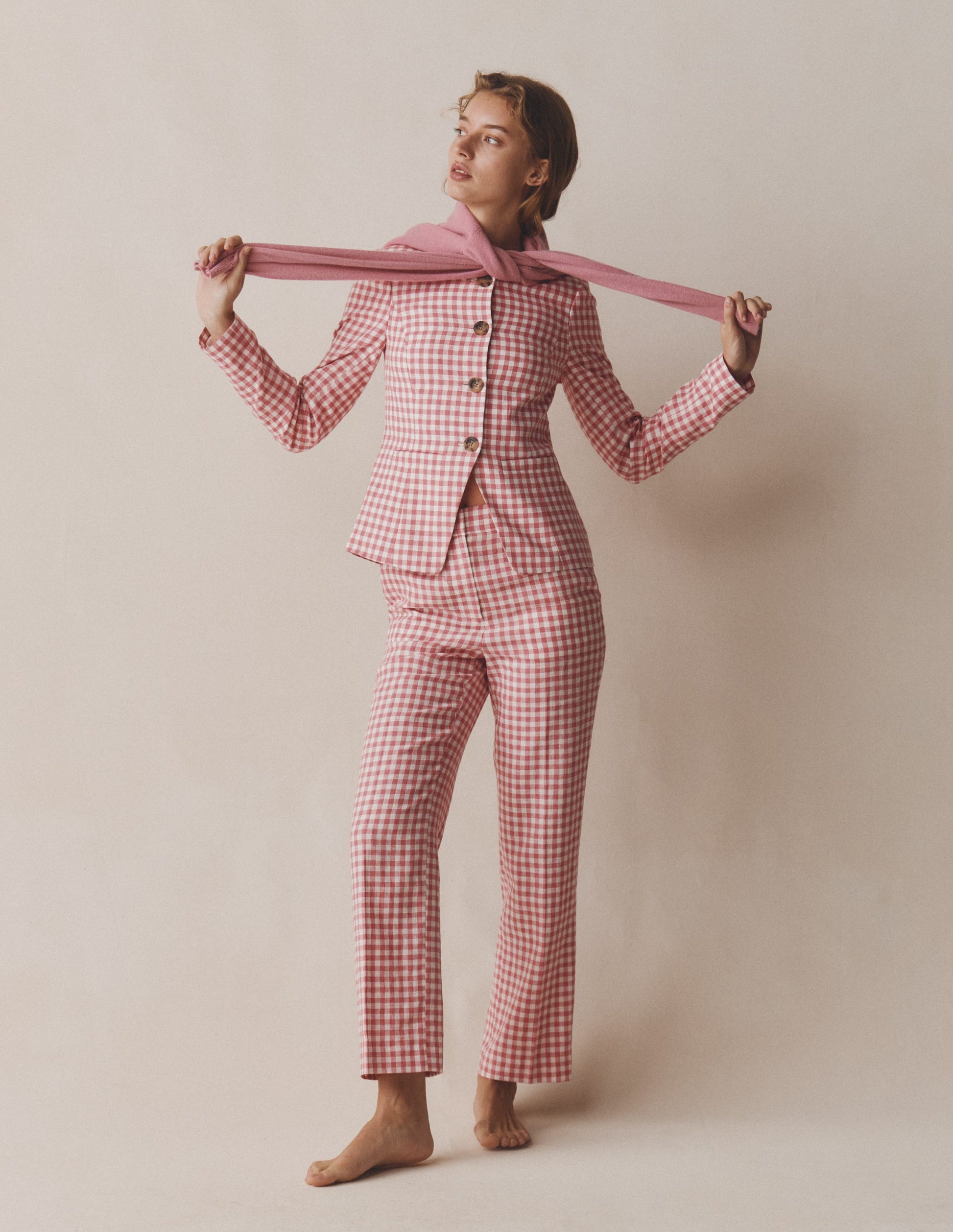 Canonbury 7/8 Linen Trousers-Vintage Rose Gingham-6