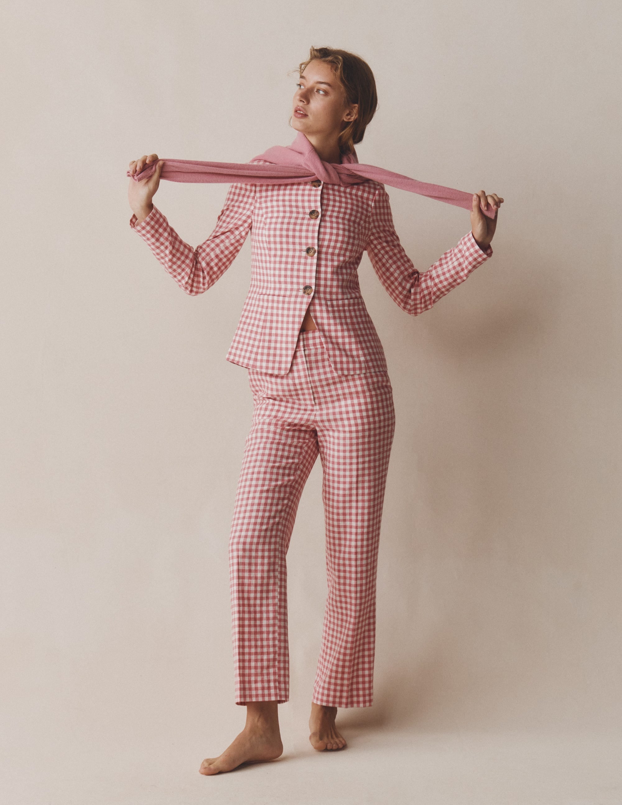 Canonbury 7/8 Linen Trousers-Vintage Rose Gingham - Image 6
