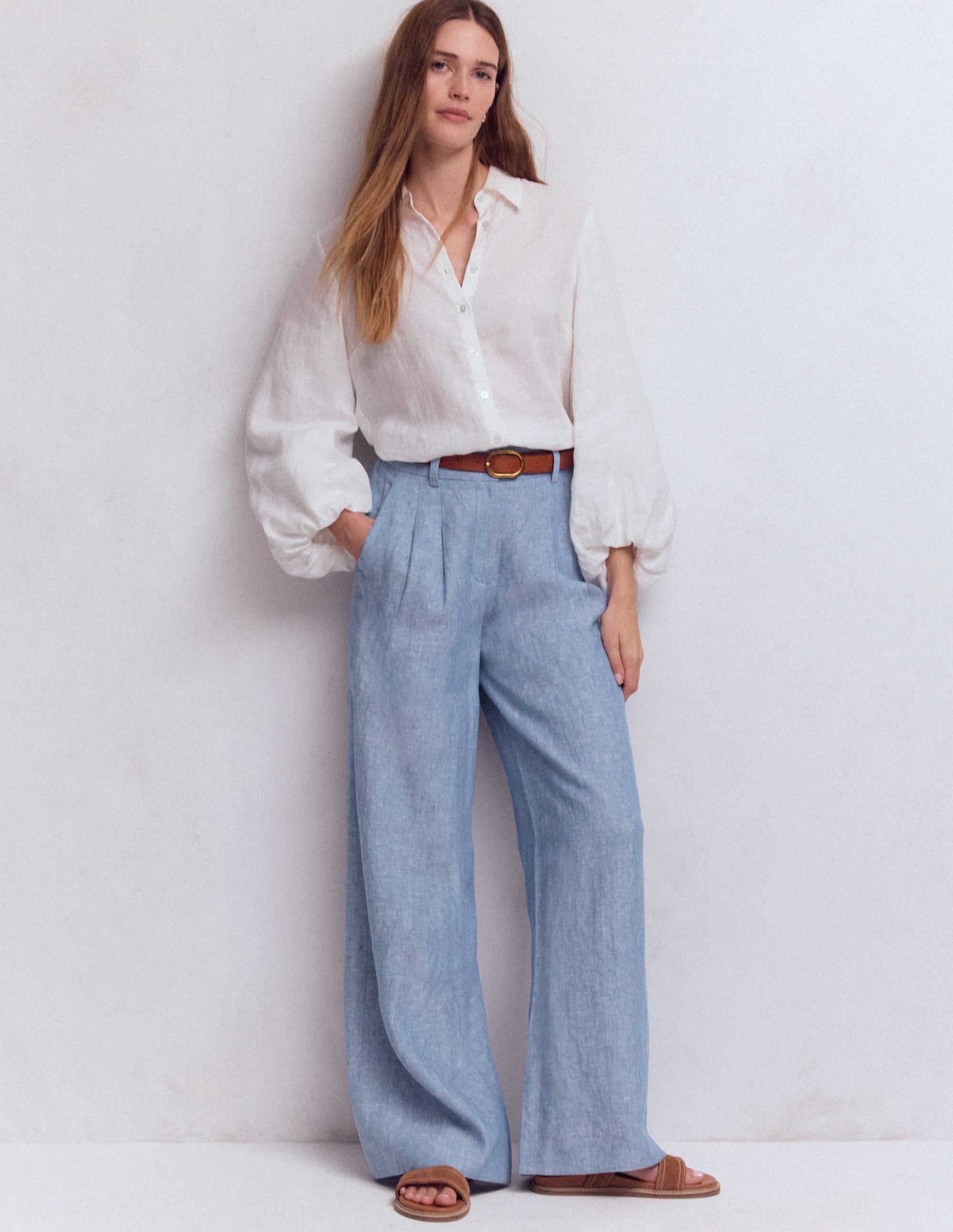 POSTELEGANT LINEN CHAMBRAY TROUSERS パンツ pas de calais chambray wide pants linen indigo | carrousel the store