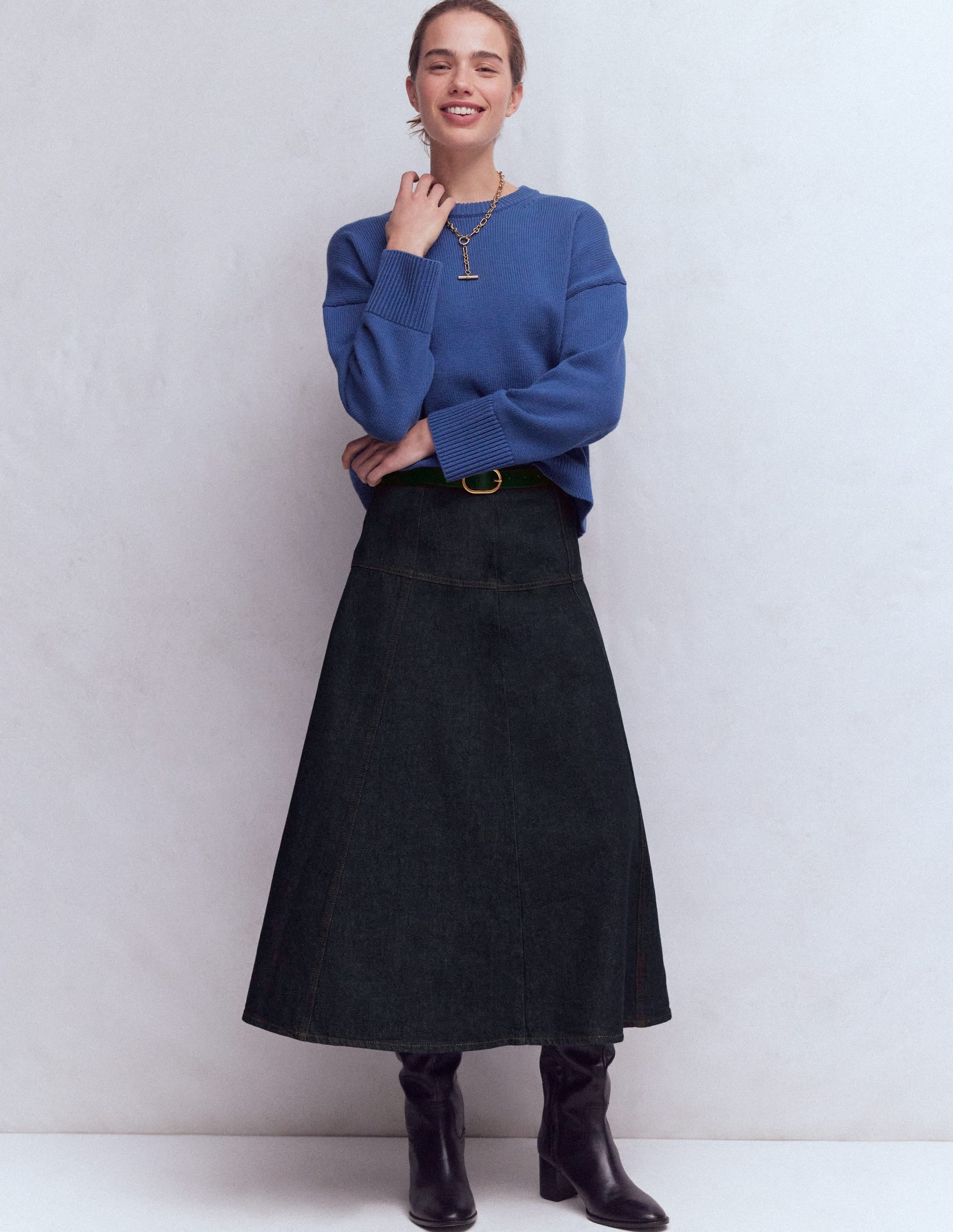 Panelled Detail Denim Skirt-Indigo - Image 1