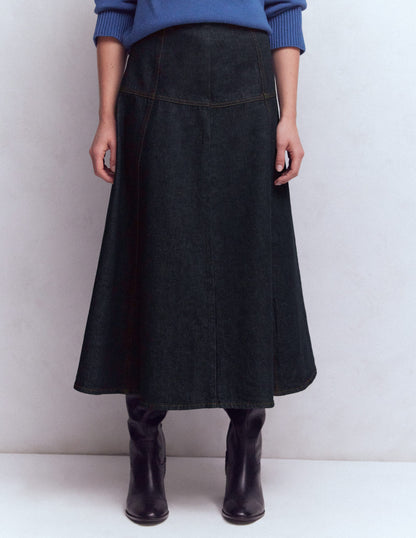 Panelled Detail Denim Skirt-Indigo-4