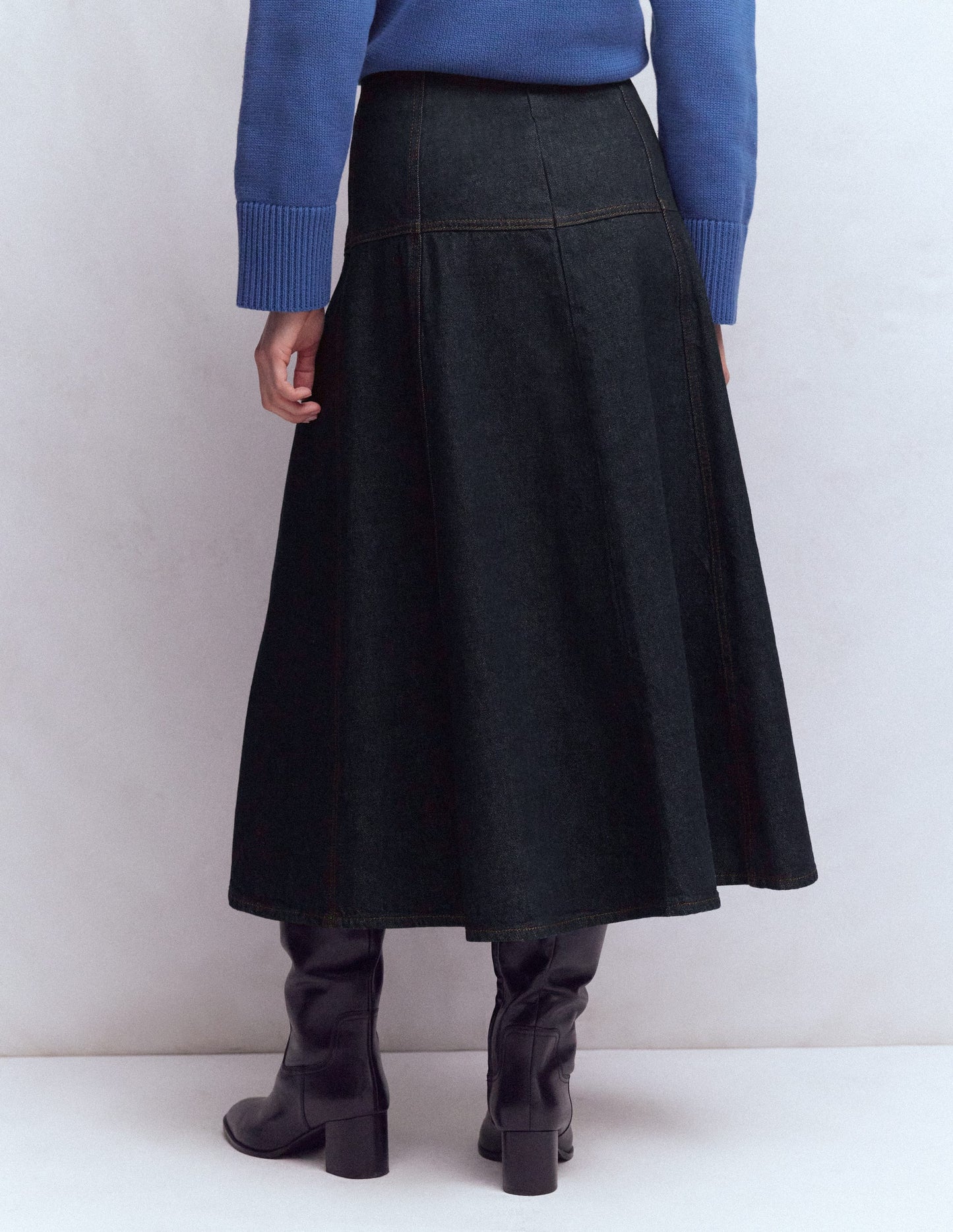 Panelled Detail Denim Skirt-Indigo