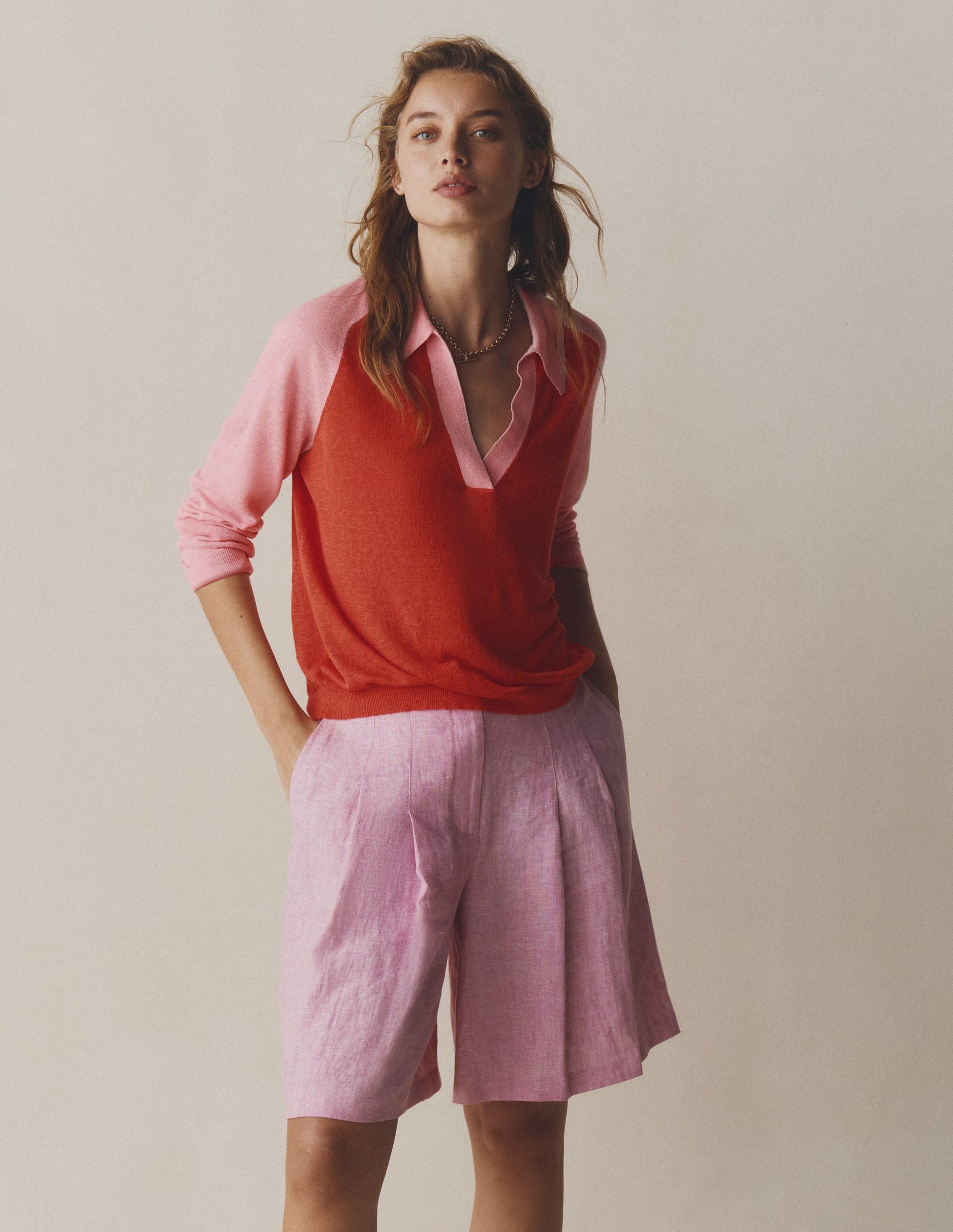 Highbury Pleated Linen Shorts-Meadowsweet Pink Chambray-5