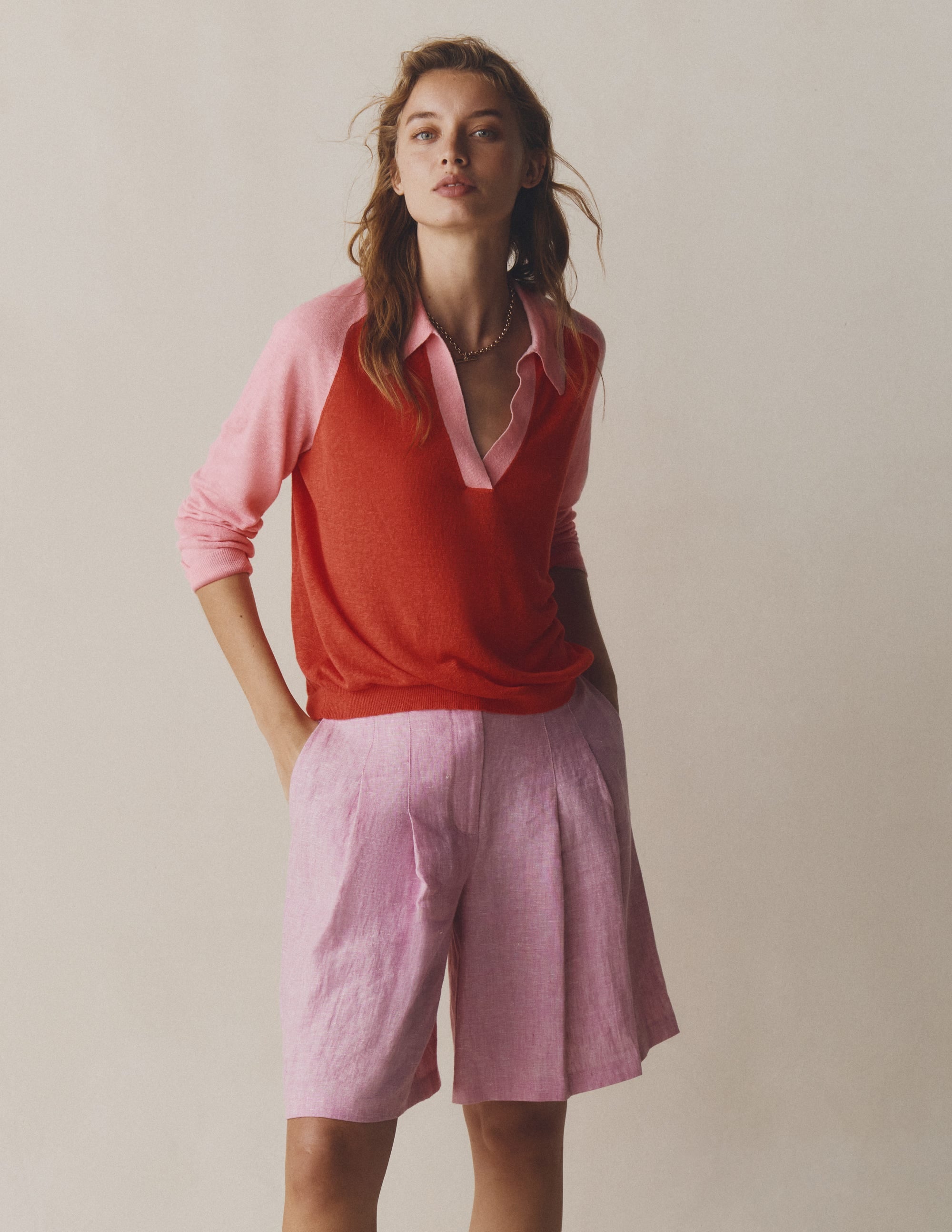 Highbury Pleated Linen Shorts-Meadowsweet Pink Chambray - Image 5