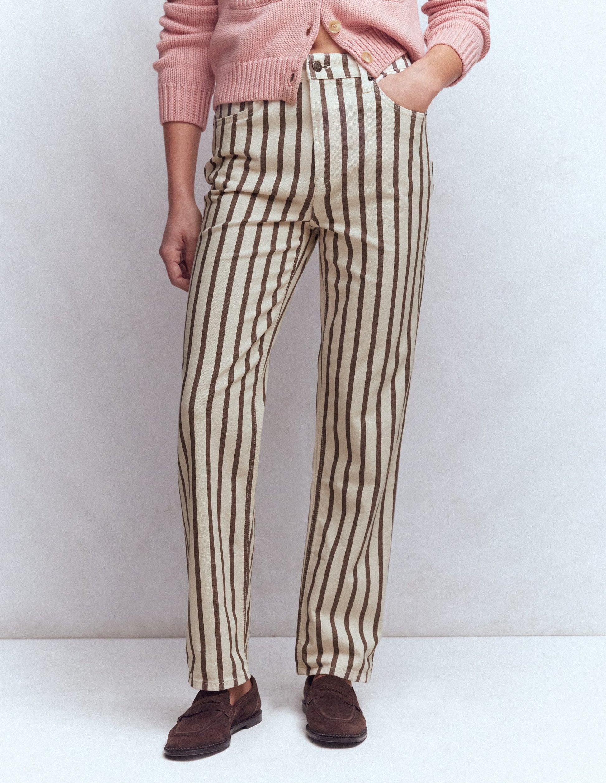 High Rise Straight Jeans-Brown Ecru Stripe-4