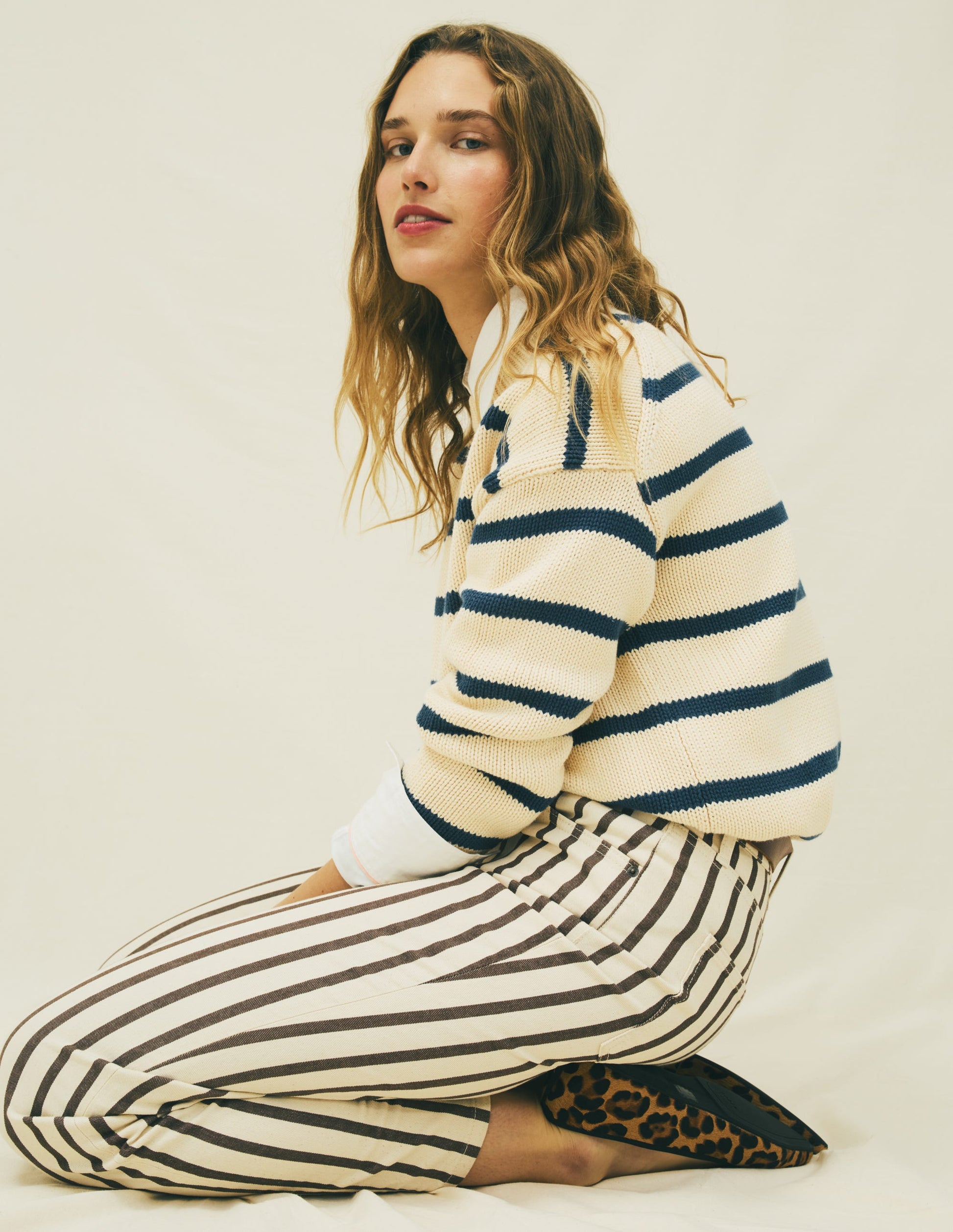 High Rise Straight Jeans-Brown Ecru Stripe-6
