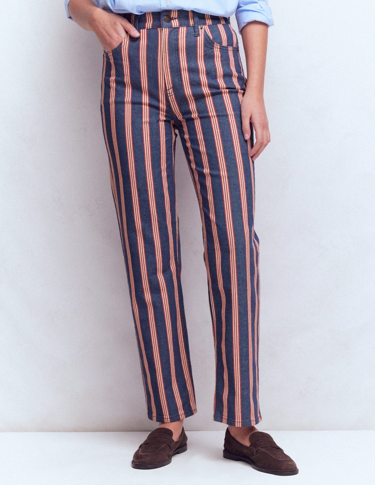 High Rise Straight Jeans-Navy & Red Stripe
