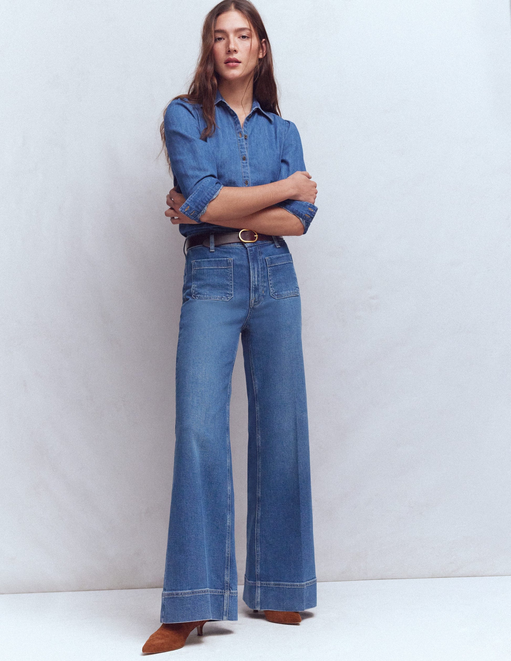 Patch Pocket Flare Jeans-Midwash-1