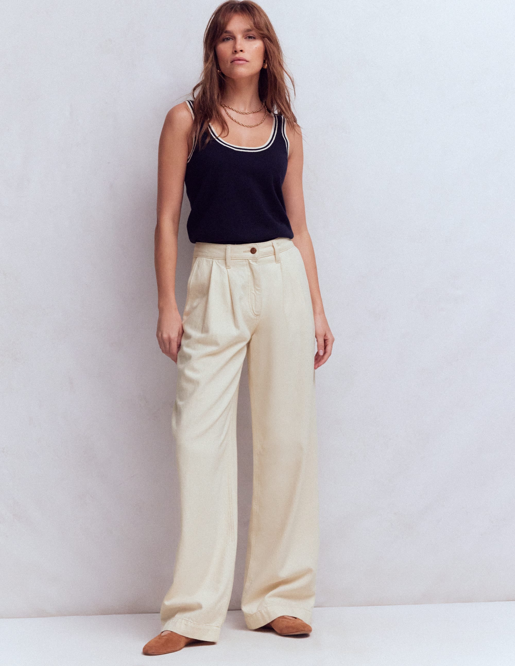 Pleated Wide Leg Jeans-Ecru - Image 1