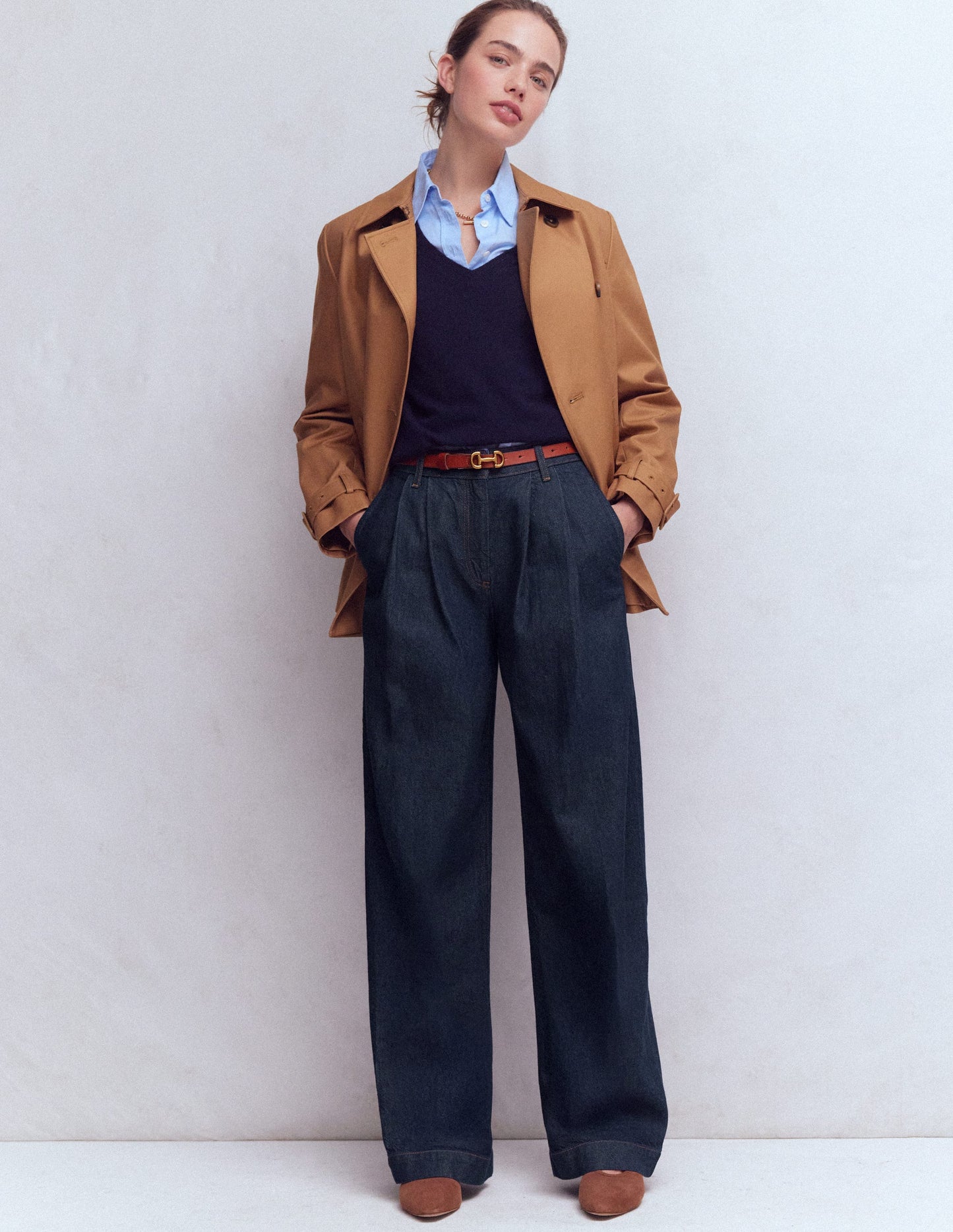 Pleated Wide Leg Jeans-Indigo Rinse