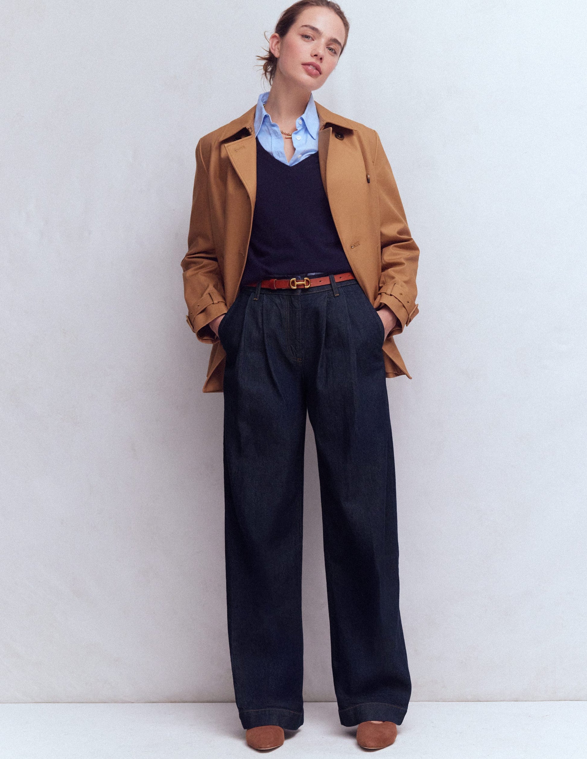 Pleated Wide Leg Jeans-Indigo Rinse-1