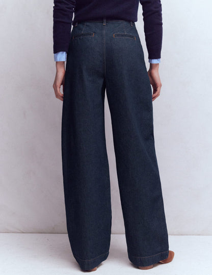 Pleated Wide Leg Jeans-Indigo Rinse-3