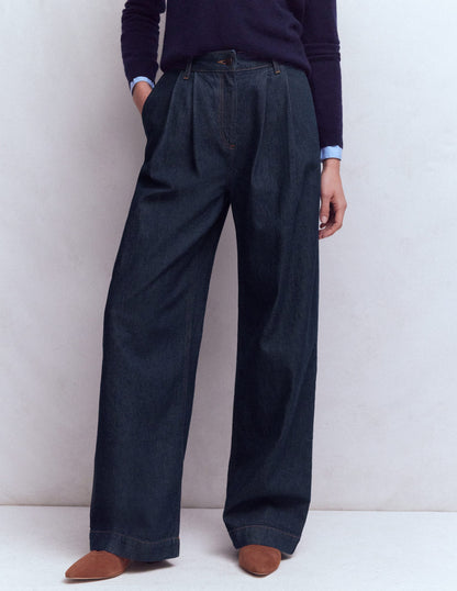 Pleated Wide Leg Jeans-Indigo Rinse-4