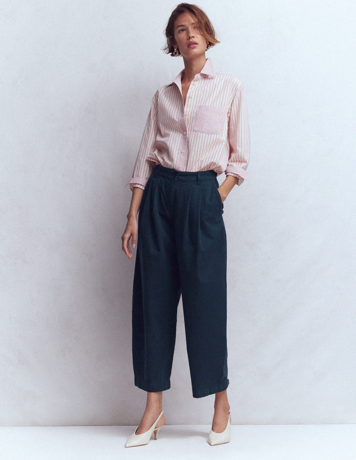 Pleat Barrel Leg Trousers-Navy