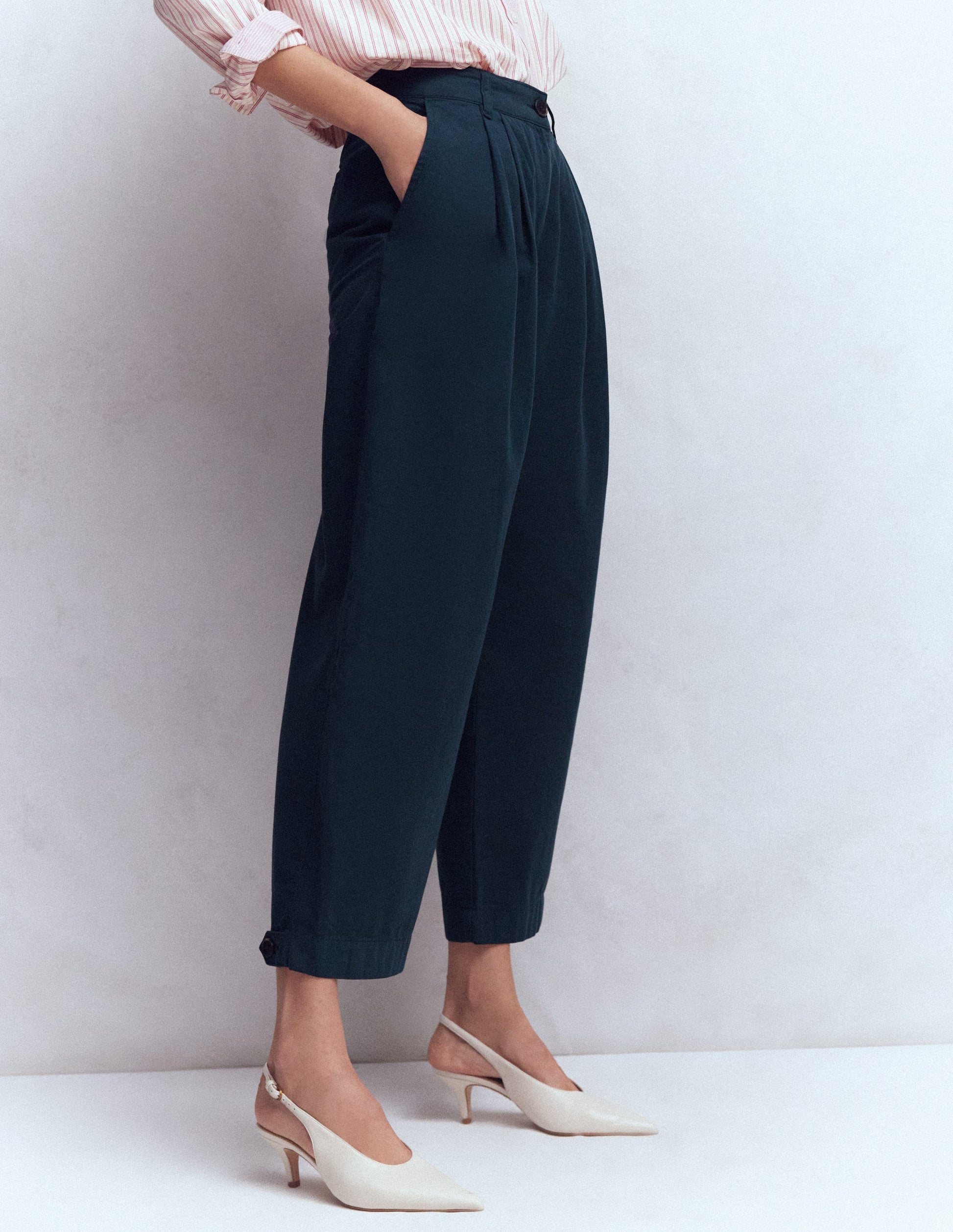 Pleat Barrel Leg Trousers-Navy-4