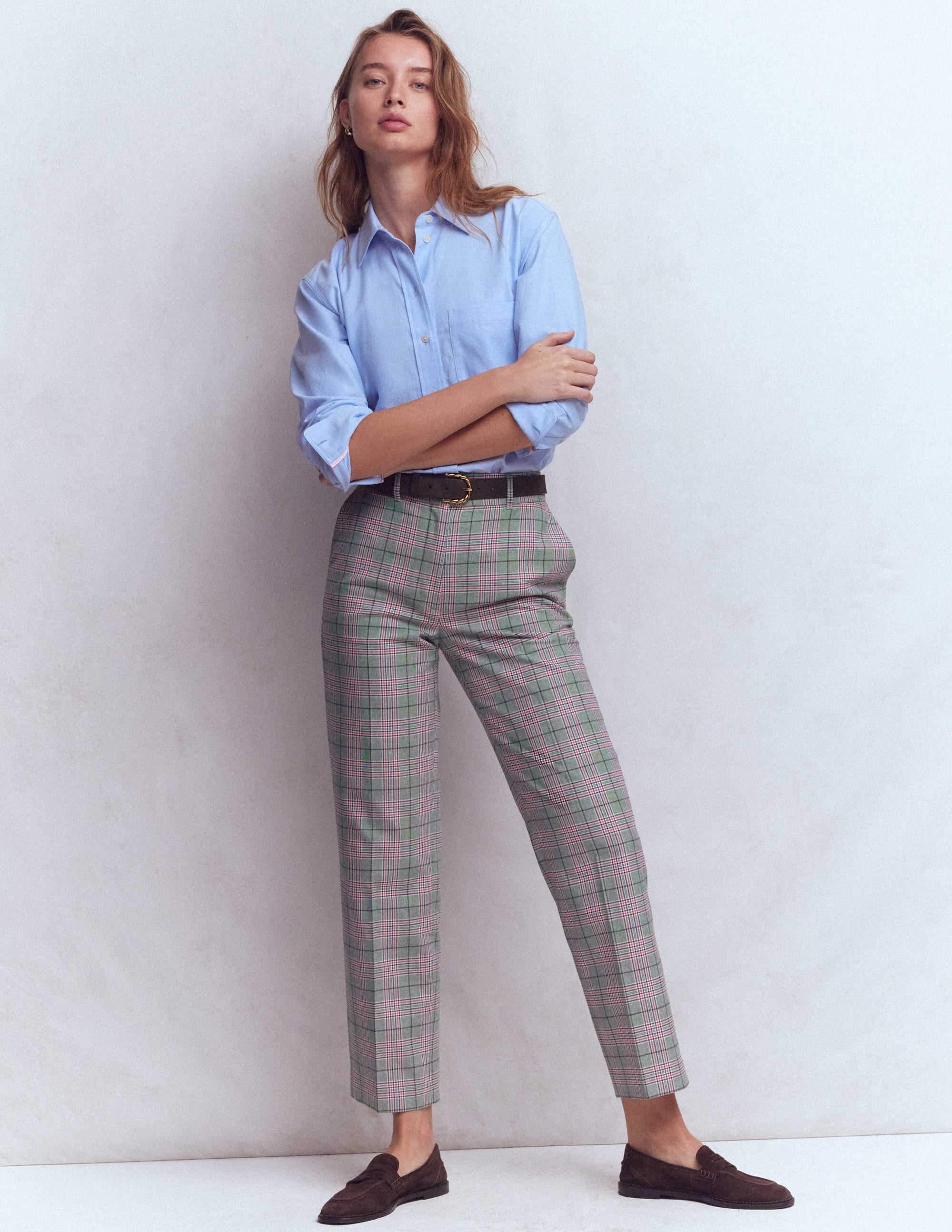 Canonbury Tailored Trousers-Green, Pink and Brown Check - Image 1