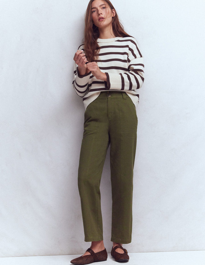 Straight Leg Chino Trousers-Woodland Green Herringbone