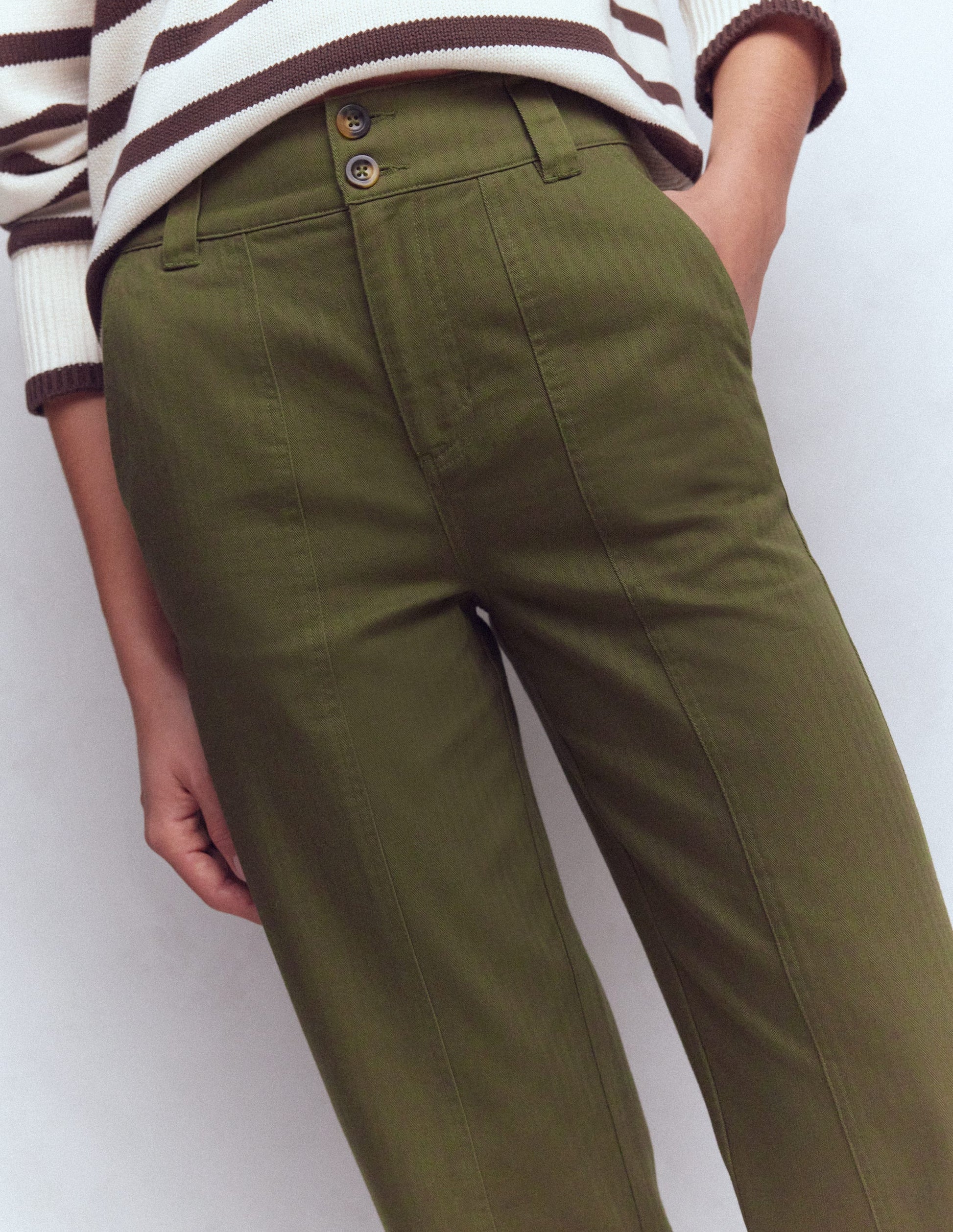 Straight Leg Chino Trousers-Woodland Green Herringbone-2