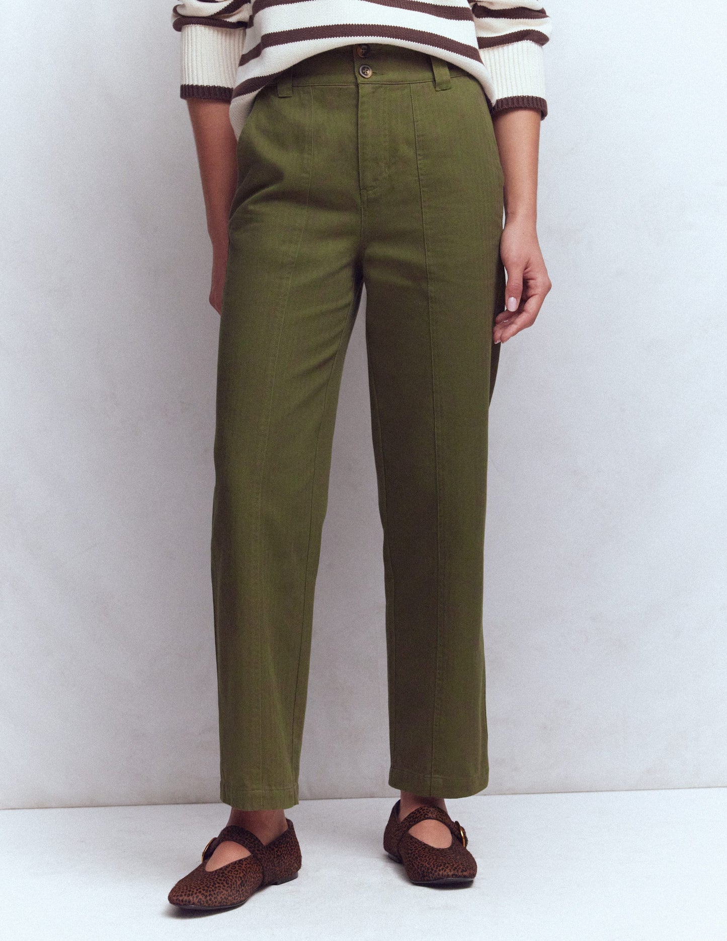 Straight Leg Chino Trousers-Woodland Green Herringbone