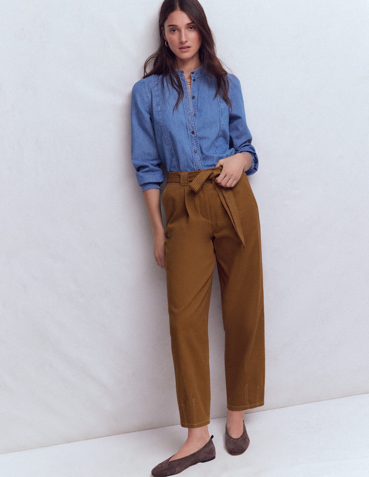 Belted Barrel Leg Trousers-GINGERBREAD - Image 1