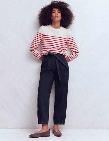 Belted Barrel Leg Trousers-Navy-1