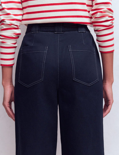 Belted Barrel Leg Trousers-Navy-5