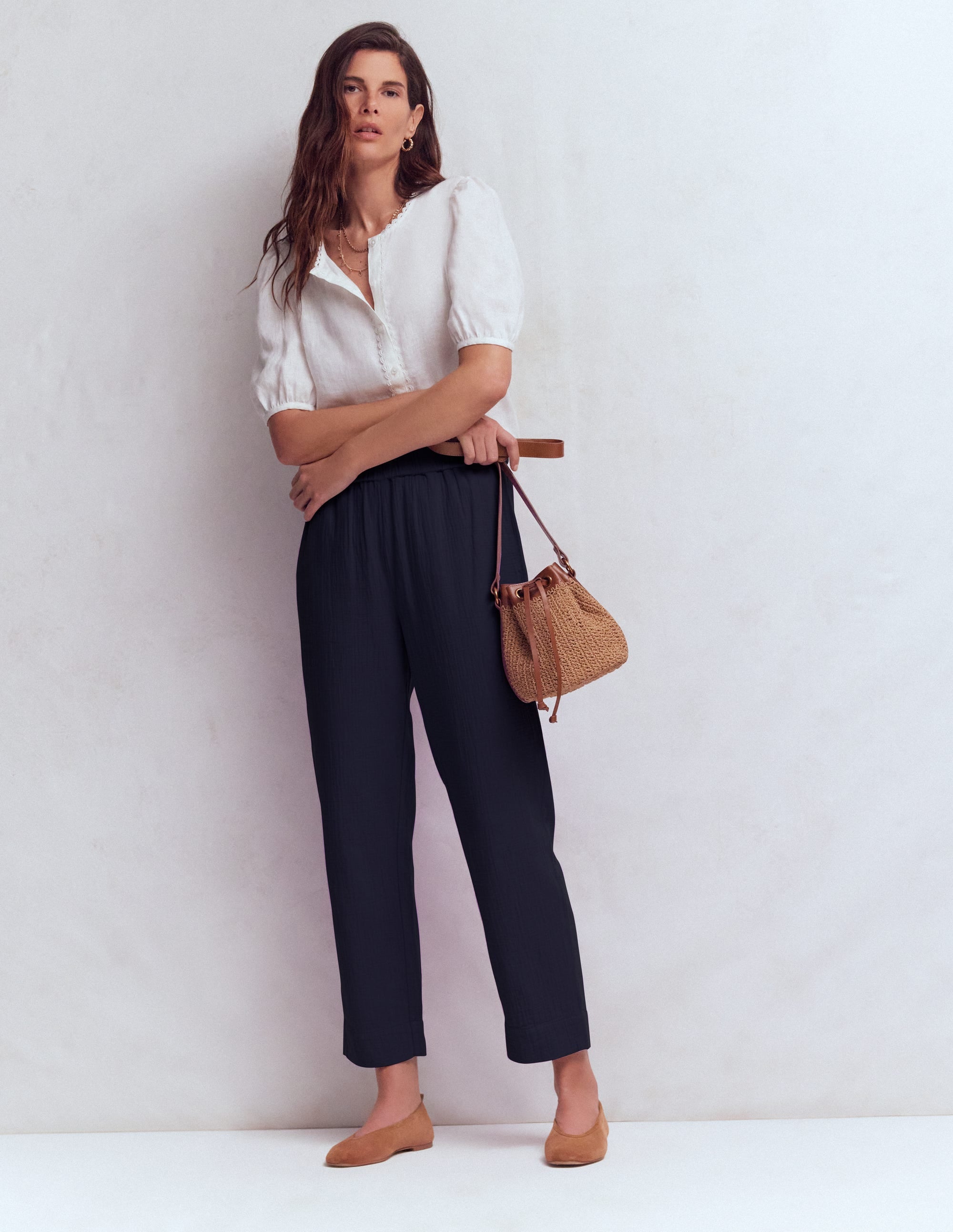 Double Cloth Crop Trousers-Navy - Image 1
